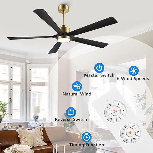 Miniatura 10 de Ventilador de techo moderno de 52 pulgadas con luces y control remoto, 5 aspas de madera maciza, motor CC reversible de 6 velocidades, ventilador de