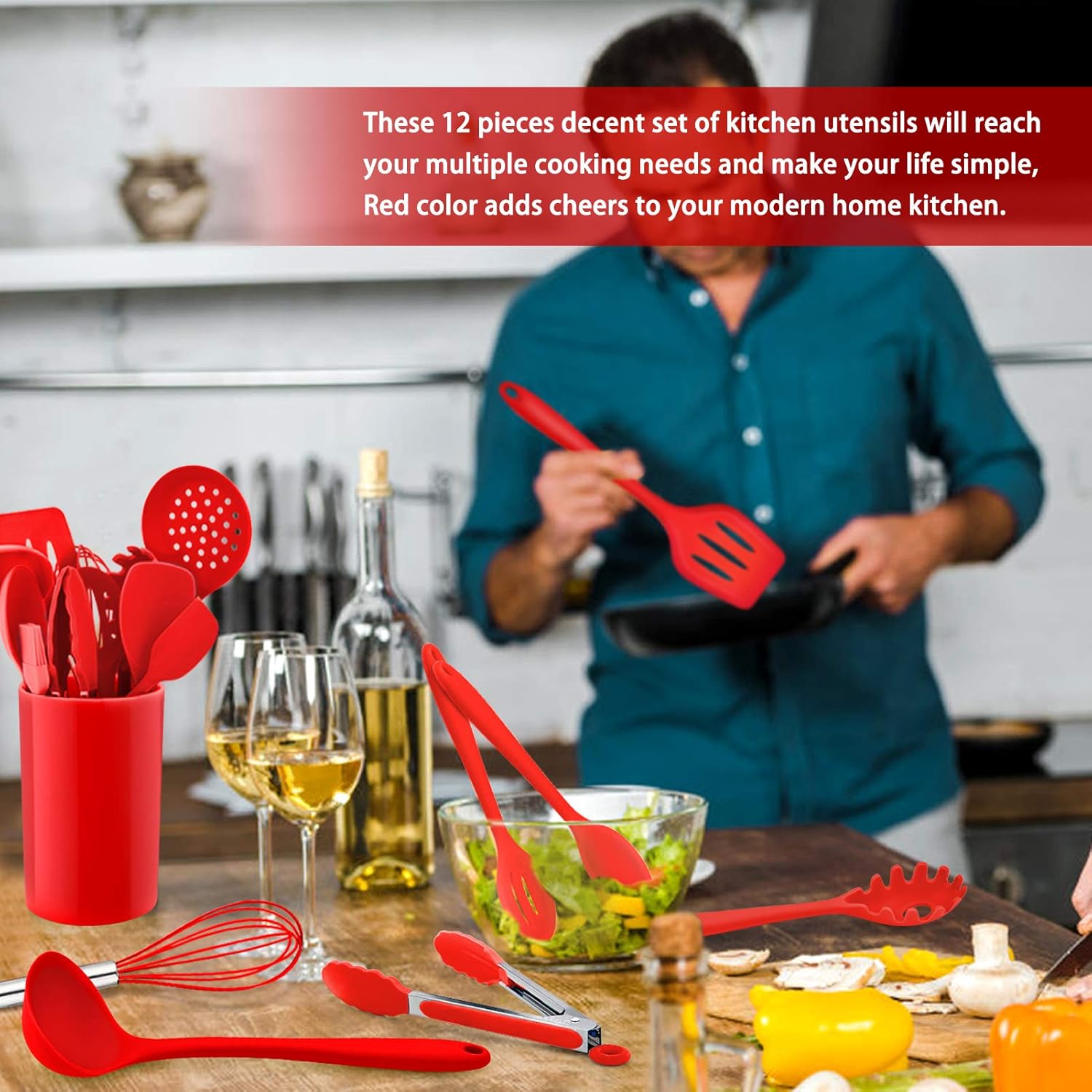 Kitchen Utensil Set, Homikit 12 Piece Cooking Utensils, Silicone Kitchen Utensils Set with Holder, Heat Resistant Kitchen Tools Include Spoons Turner Spatula Ladle Tong for Non-Stick Cookware, Red 8 71dXeVNitAL. AC SL1500