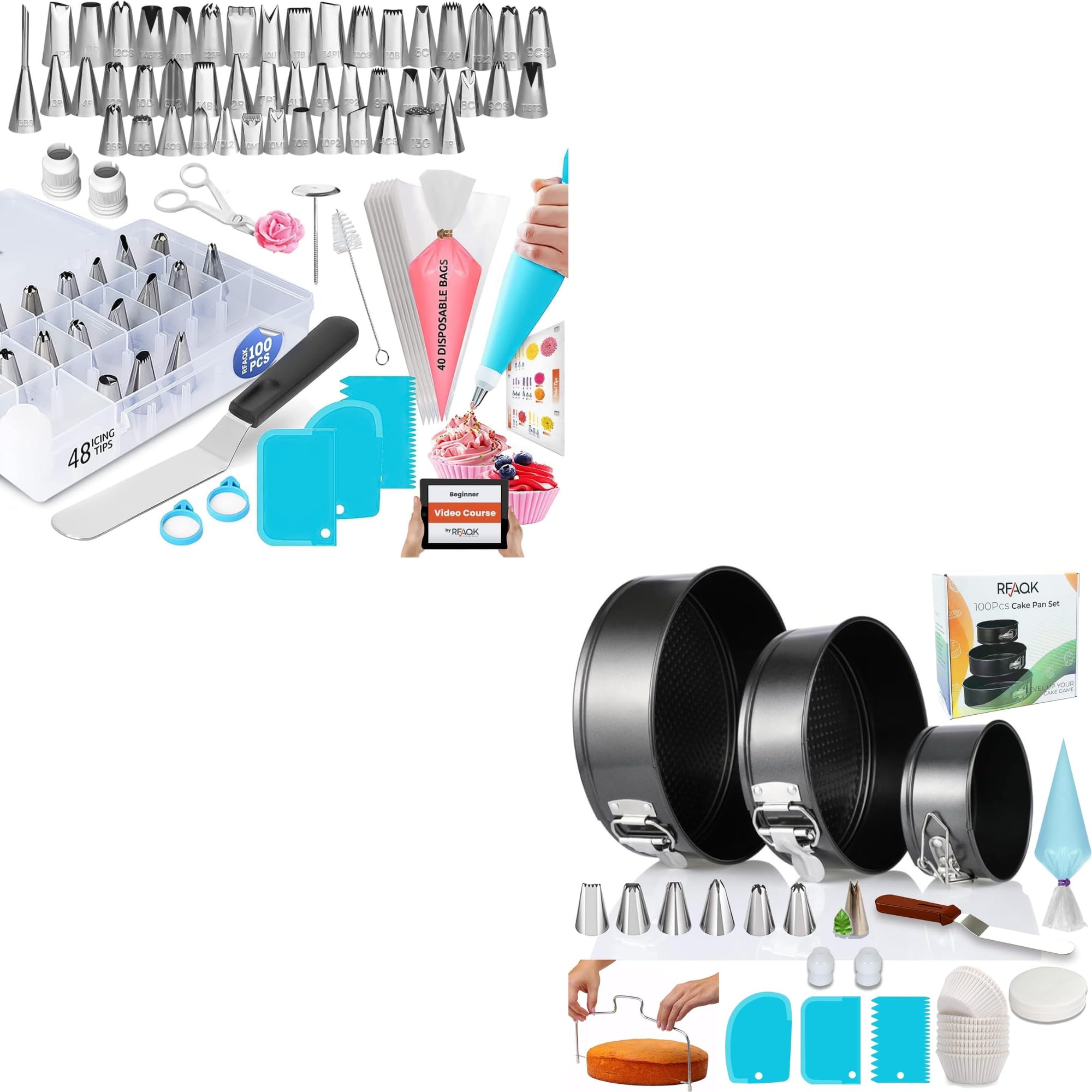 RFAQK Icing Piping Bags and Tips Set, Cake Pan Set with Pastry Bags for Cookie Cupcake Cake Decoration, Cake Decorating Tips Set with Booklet and E-book
