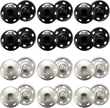 25mm Press Studs Snap Fasteners, 24 Sets Heavy Duty Sew-On Poppers Fasteners 12 Black + 12 Silver, Large Metal Press Studs for Clothing, Jackets, Bags & DIY Crafts