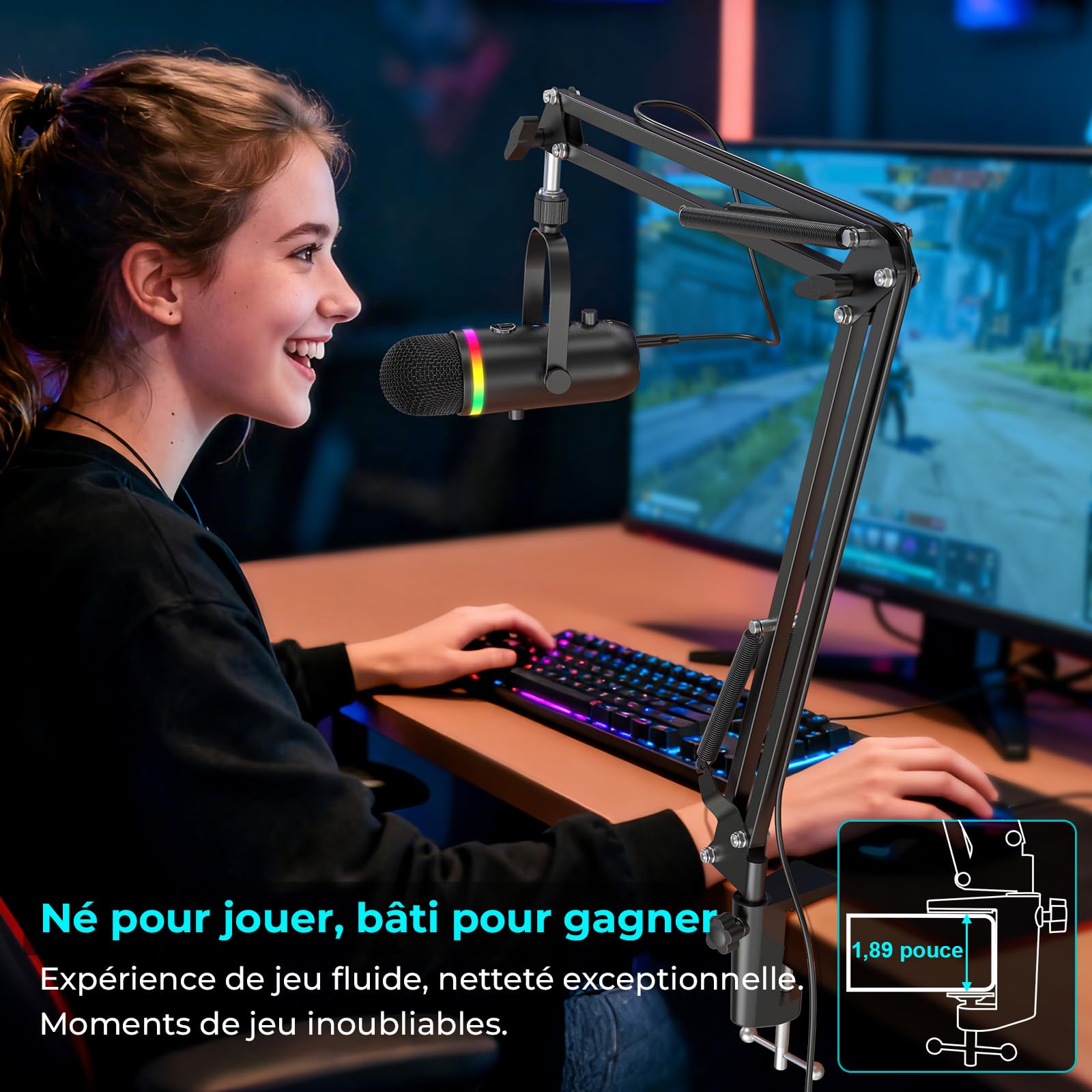 zealsound RGB Micro Gaming avec Bras, et Réduction de Bruit pour PC Telephone PS4/5, USB Microphone à Condensateur pour Podcast, Streaming, Twitch, Youtube, Discord, aevc Bouton de Silence et Gain