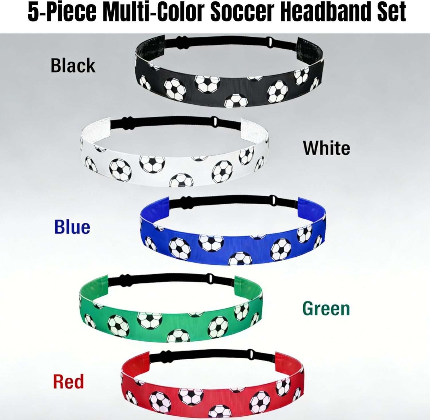 Soccer Headbands 5-Pack, Elastic Sports Sweatbands with Football Print Pattern, Wide Breathable Athletic Head Wraps for Men and Women, Red Black Blue White Colors