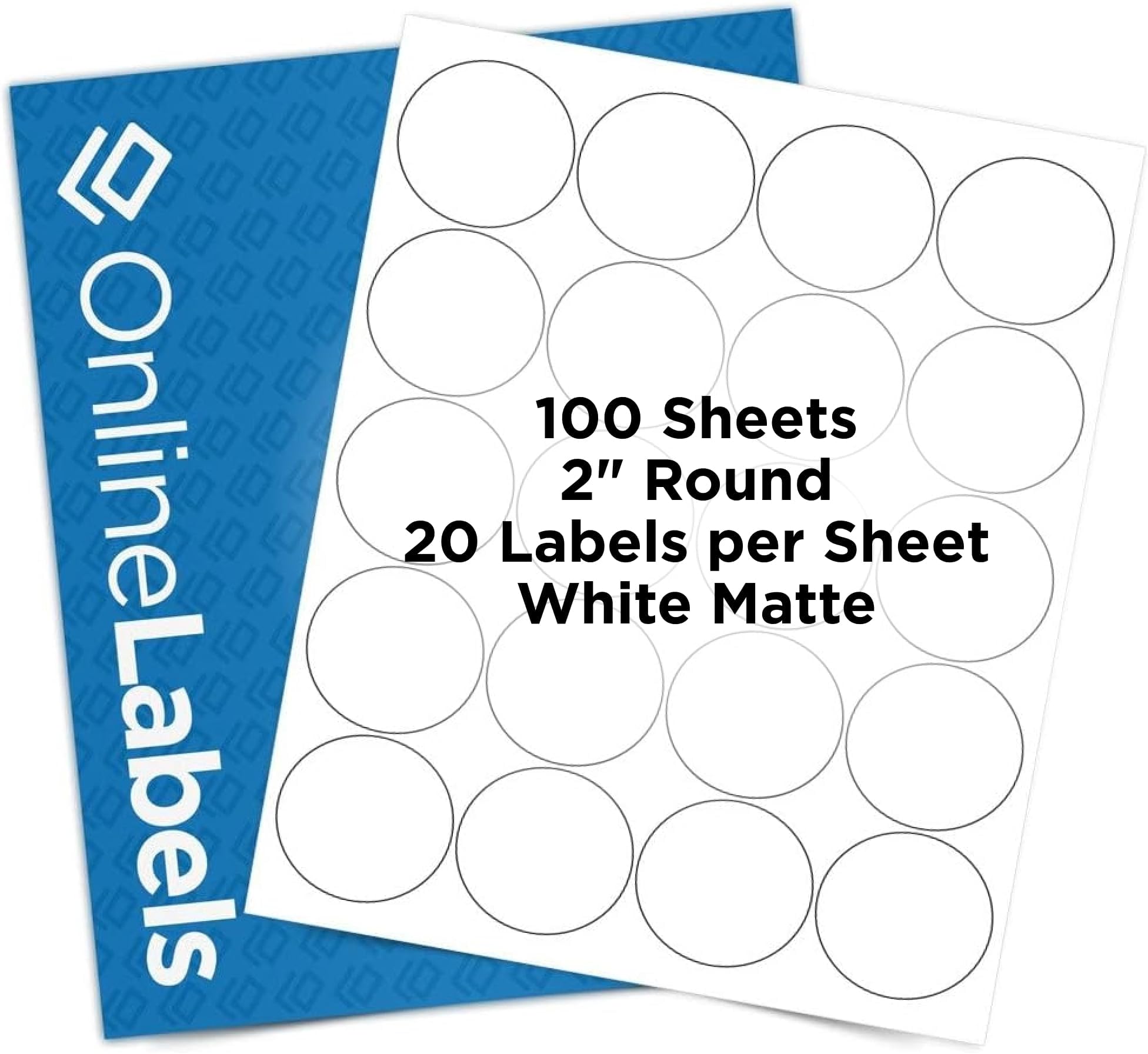 OnlineLabels 2" Round Labels โ Permanent Adhesive, White Matte โ for Jar Lids, Product Packaging, & Favors โ for Inkjet & Laser Printers โ Pack of 2,000 Labels, 100 Sheets OL5375WX