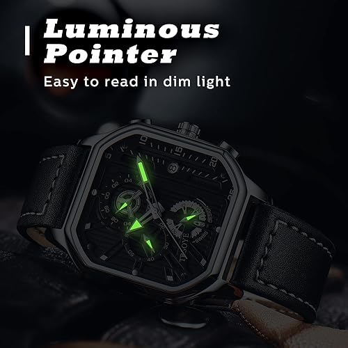 Miniatura 4 de Reloj de pulsera para hombre, cronógrafo, analógico, de cuarzo, negro, a la moda, casual, de diseñador, de negocios, con calendario, correa de piel,
