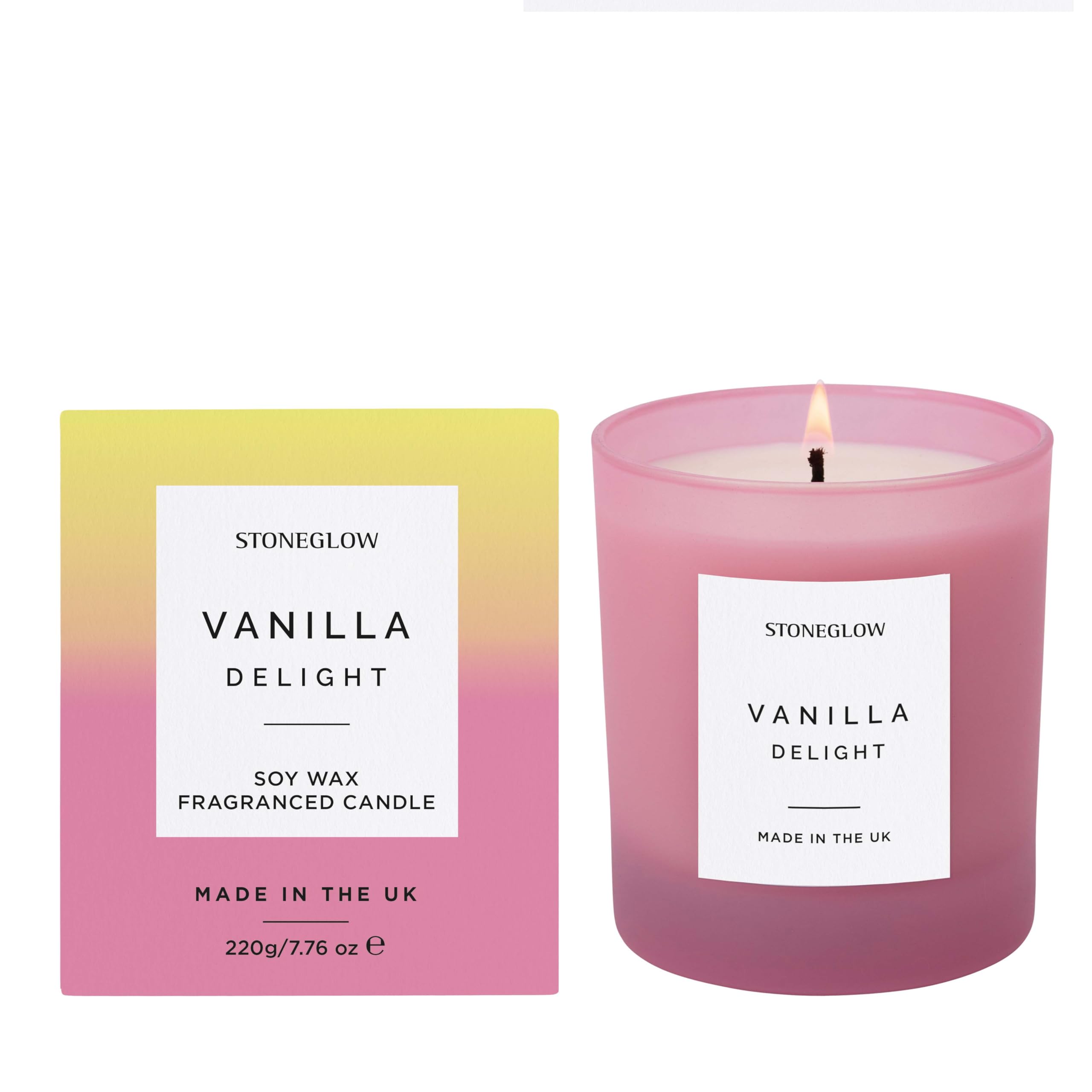 Stoneglow Sol Collection - Vanilla Delight - Soy Wax Scented Candle Tumbler (90 x 80mm) - Pink Glass, Sweet Fragrance of Vanilla, Juicy Berries Whipped up with Pink Rhubarb