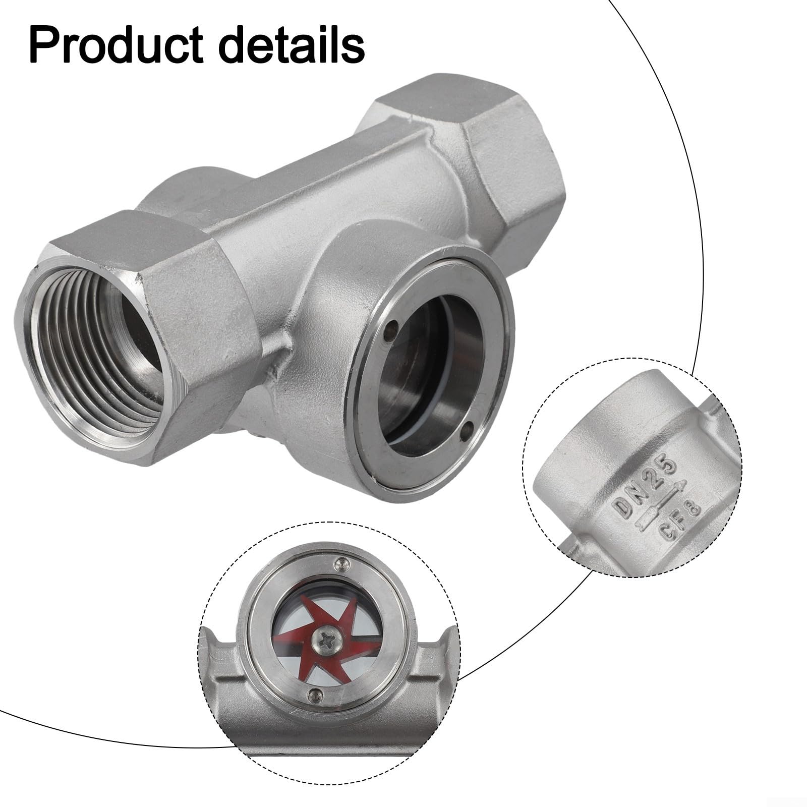 Indicateur de débit d'eau en acier inoxydable 304, verre de visée de tuyau fileté, visualiseur de débit à turbine, jauge de débit DN10 DN50, débitmètre alcalin acide (DN25)