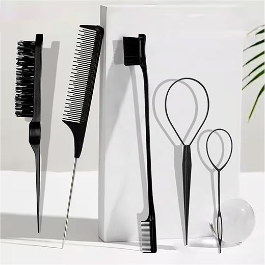 Kit profissional de cabelo preto de 5 peças – escova de borda, pente de provocação e ferramentas de rabo de rato