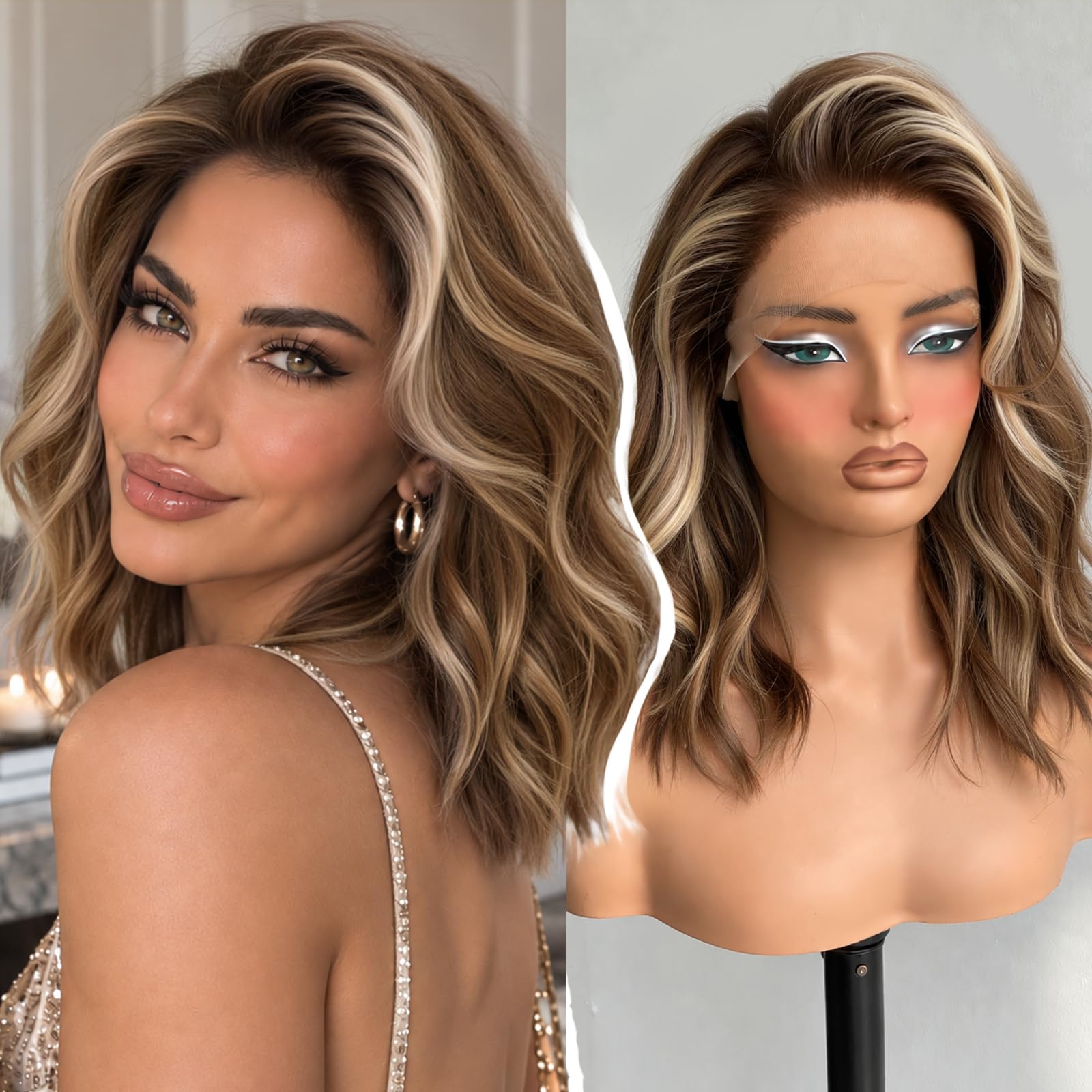 KOME Brown Highlight 13X4 Synthetic Lace Front Wigs for Women 14IN 16IN Brown Highlight #TT6/116