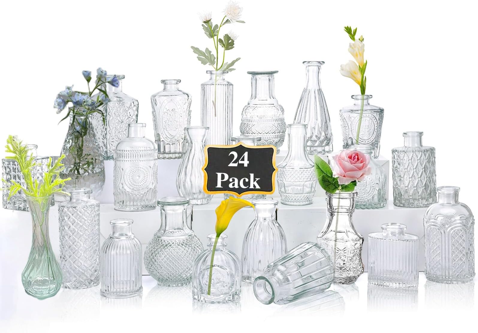 – VAODO Glass Bud Vases-Set of 24 for Flowers, Madrid Embossed Ornament Vases for Home Decor Centerpieces, Mini Glass Vases for Various Weddings, Flower Arrangements, Home Table Decor