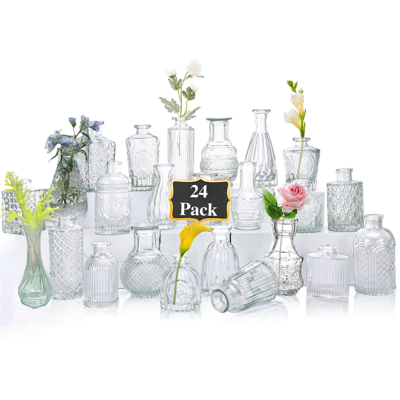 VAODO Glass Bud Vases-Set of 24 for Flowers, Madrid Embossed Ornament Vases for Home Decor Centerpieces, Mini Glass Vases for Various Weddings, Flower Arrangements, Home Table Decor