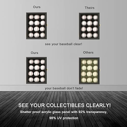 Miniatura 3 de Grintus 21 vitrinas de béisbol de madera para pelotas de exhibición de pelotas de montaje en pared, caja de sombra de béisbol con cerradura y