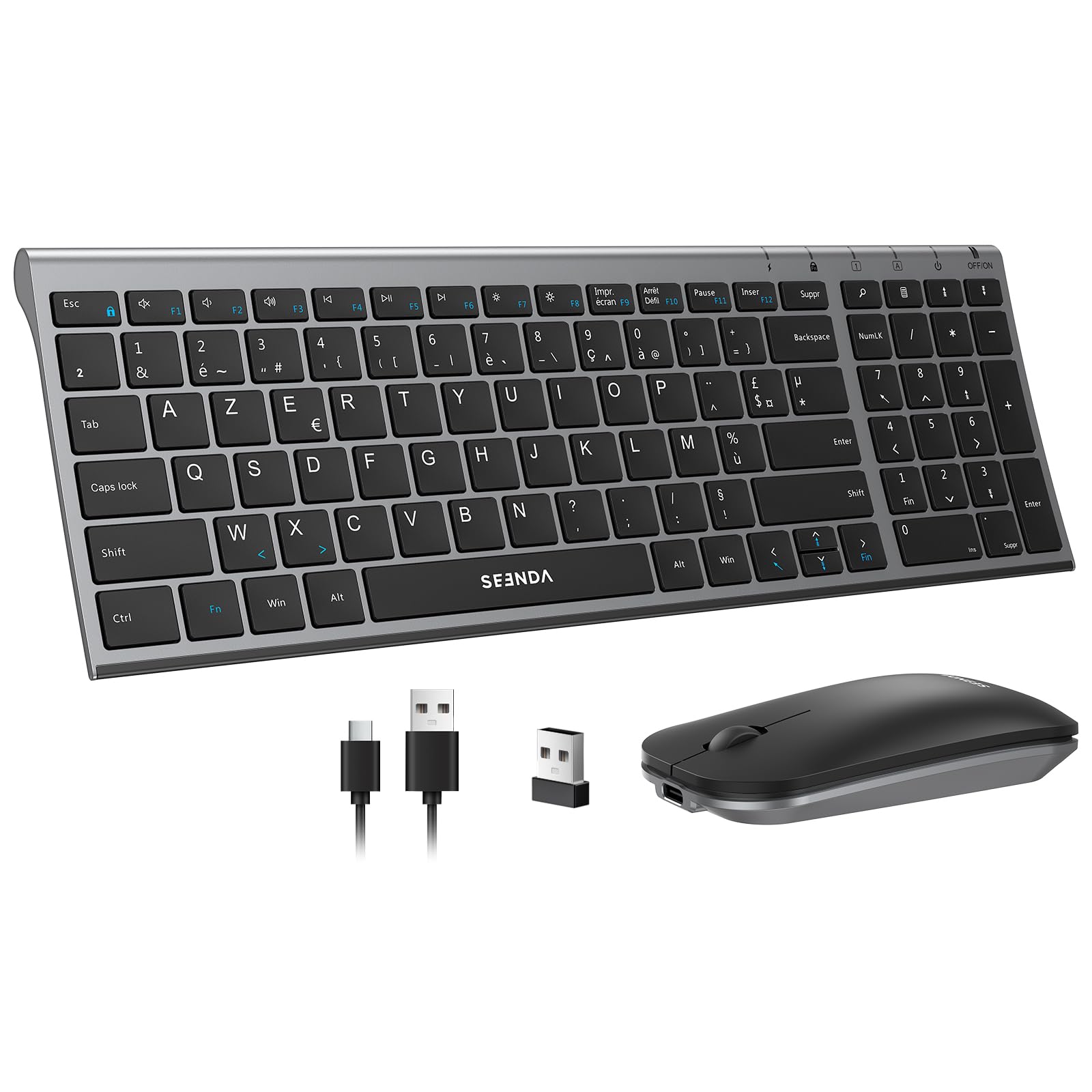 seenda WGJP-031B Combo Clavier et Souris sans Fil Rechargeable | Silencieux, Ultra-Fin, AZERTY Français, 2,4 GHz Récepteur USB, avec Pavé Numérique, pour Windows, PC, Ordinateur Portable
