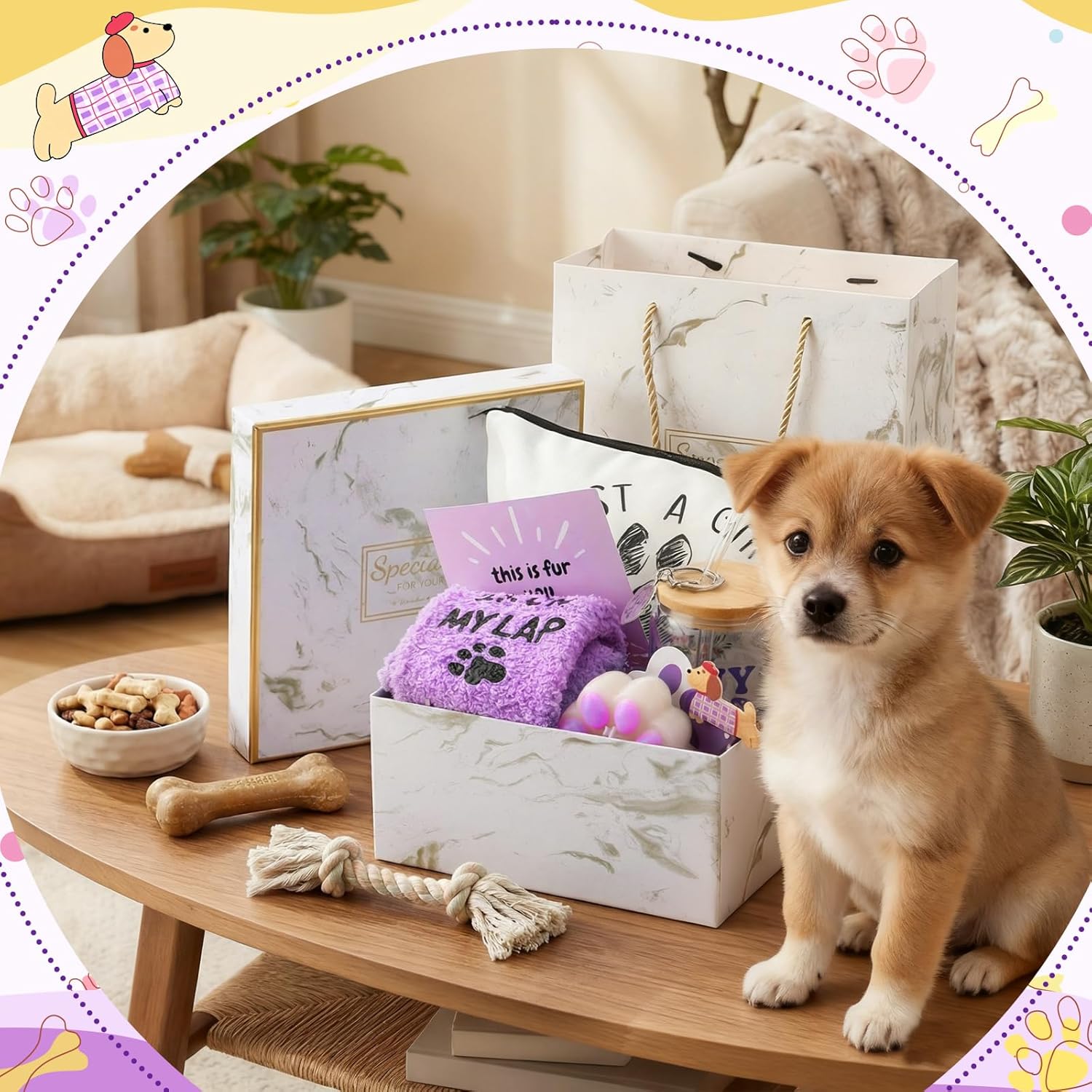 Qinyoung 12 Pcs Christmas Dog Mom Gifts for Women Purple Mom Birthday Gifts for Dogs Lover 17oz Tumbler Cup Gift Basket Scented Candle Socks Hair Clip Key Chain Greeting Card for Mothers Day, Xmas - Image 7