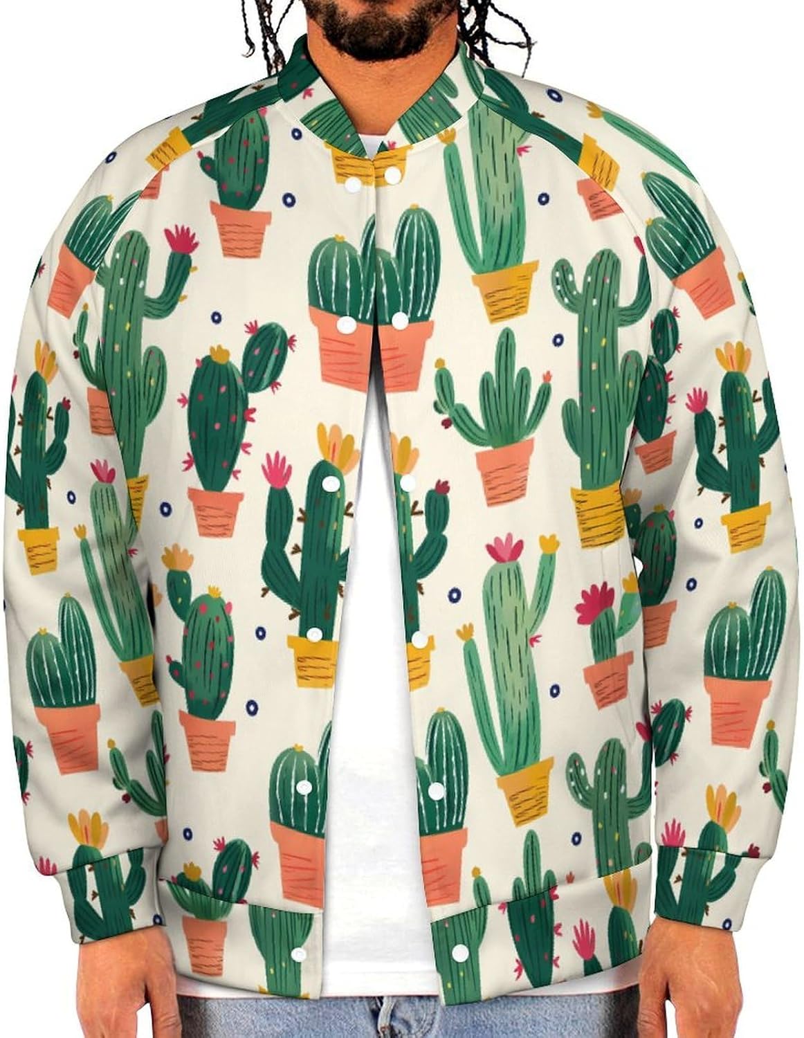 Cute Cactus Plants Novelty Men's Baseball Jackets Causal Sweatshirt Button Top Long Sleeve Coat