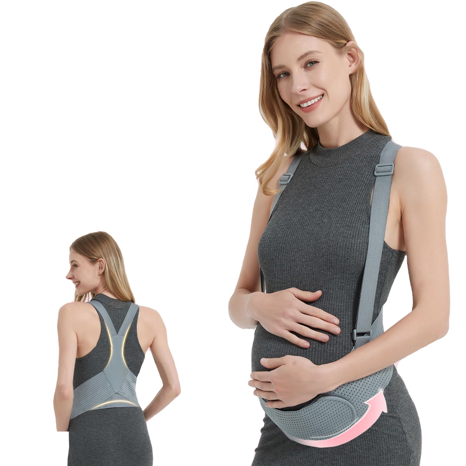Maternity Belly Band with Belt – Adjustable Anti-Slip Pregnancy Belly Support with Shoulder Straps for Back, Pelvic, Abdominal Relief, Breathable, Vest Style (Grey, Medium,33"-43")