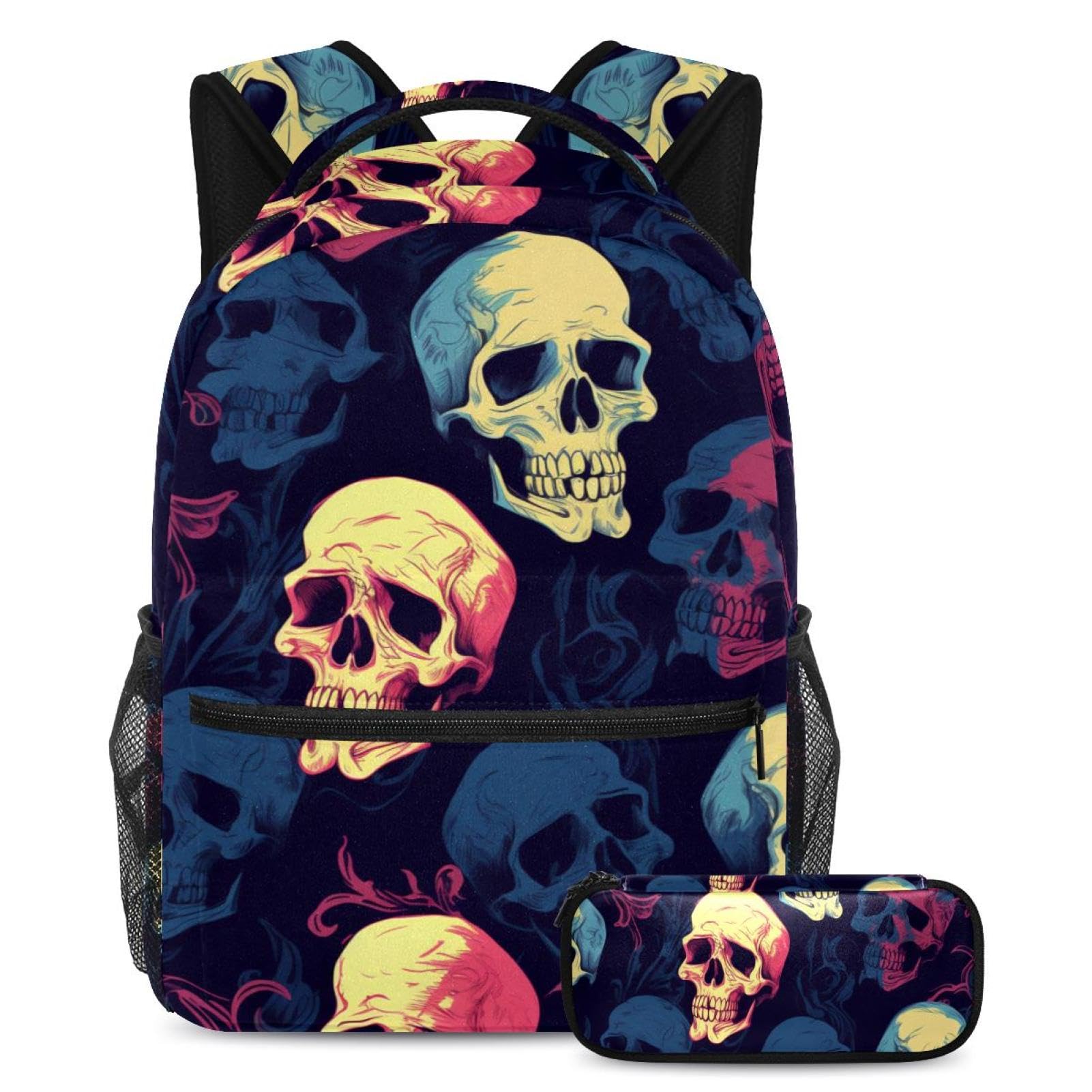 Cartable grande capacité squelette punk avec trousse grand volume ado
