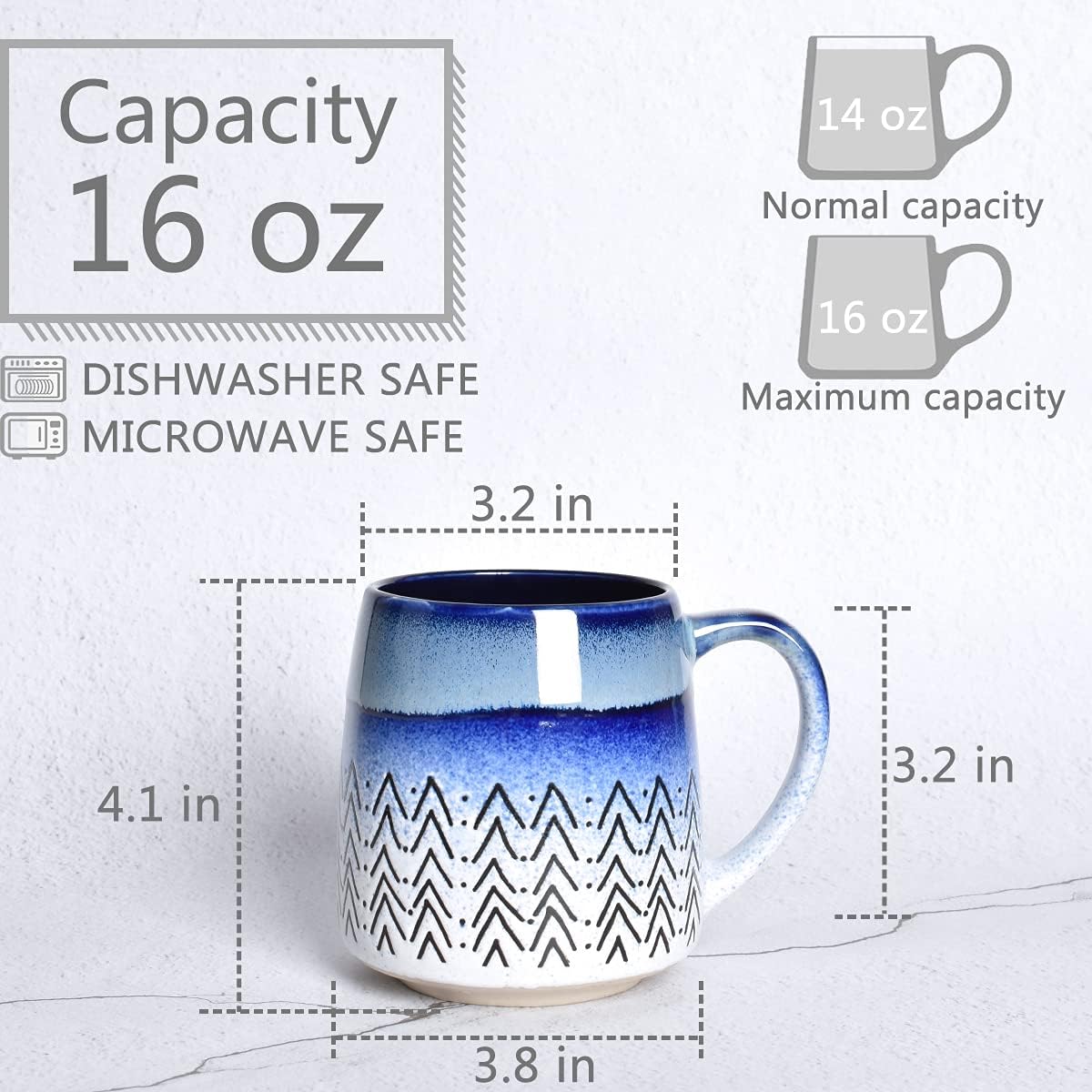 Bosmarlin Large Ceramic Coffee Mug Set of 2, 16 Oz, Blue Big Stoneware Tea Cup for Office and Home, Dishwasher and Microwave Safe (Blue, 2) - Image 2