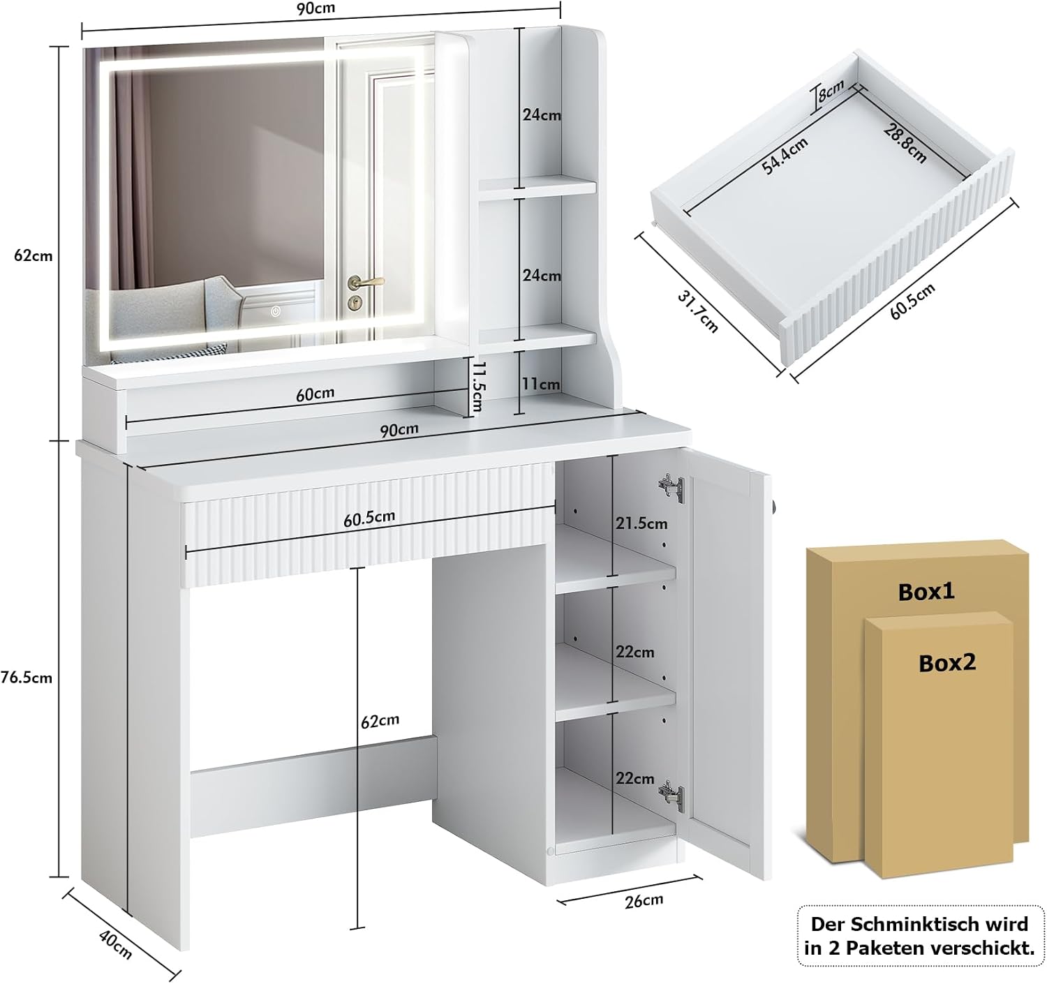 Detailed dimensions of the Dripex Vanity Desk and illustration of two-box packaging.