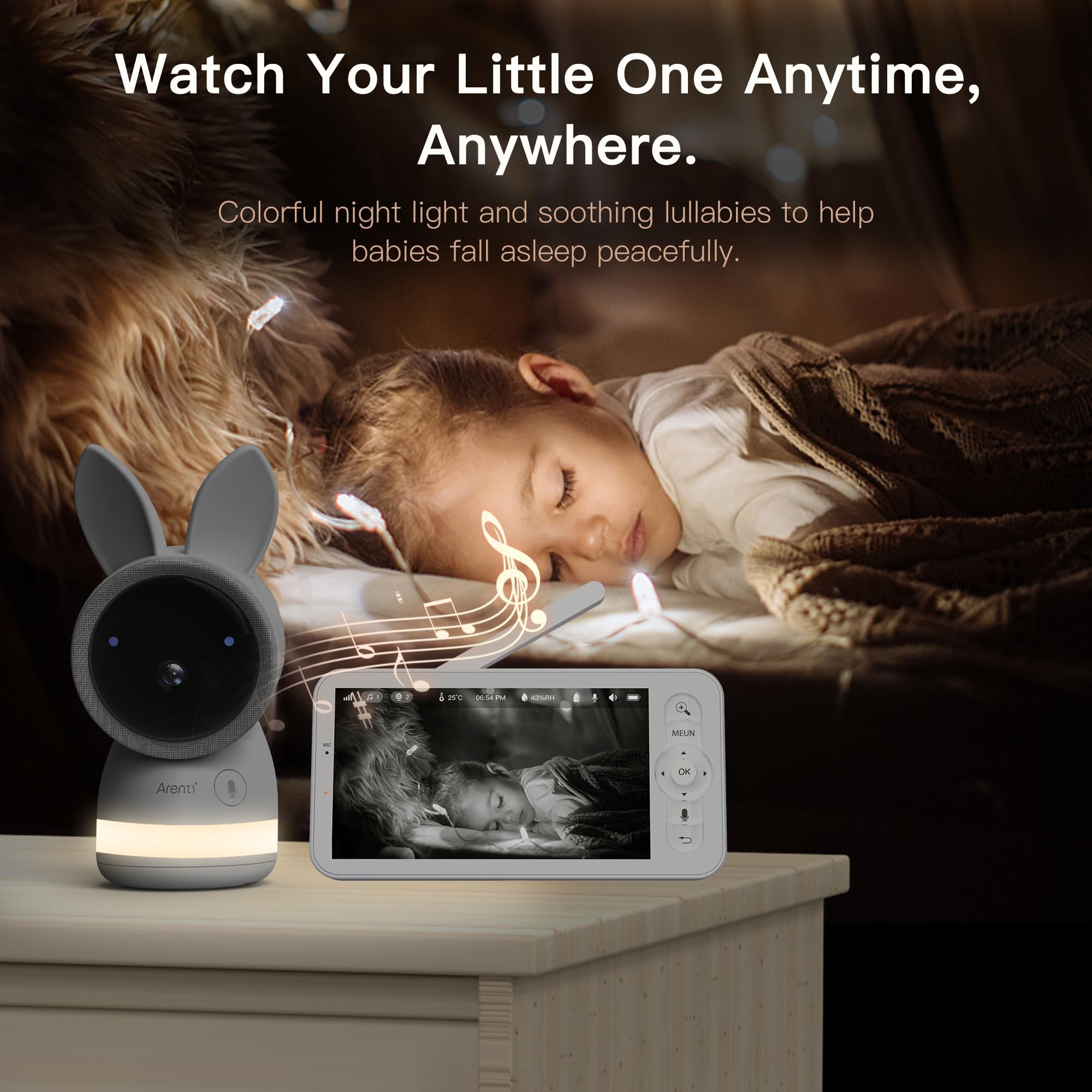 ARENTI 2,5K/4MP Baby Monitor Video e Audio con 2 Fotocamere, Schermo Diviso Telecamera Bambini con Monitor, Rilevamento Intelligente, Audio Bidirezionale, Visione Notturna IR, Sensore di Temperatura