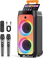 HWWREnjoyYourMusic 500W Karaoke Machine for Adults: Portable PA Speaker w/ Dual 8" Subwoofers, Disco Lights, 2 Wireless Mics, Bluetooth Party System