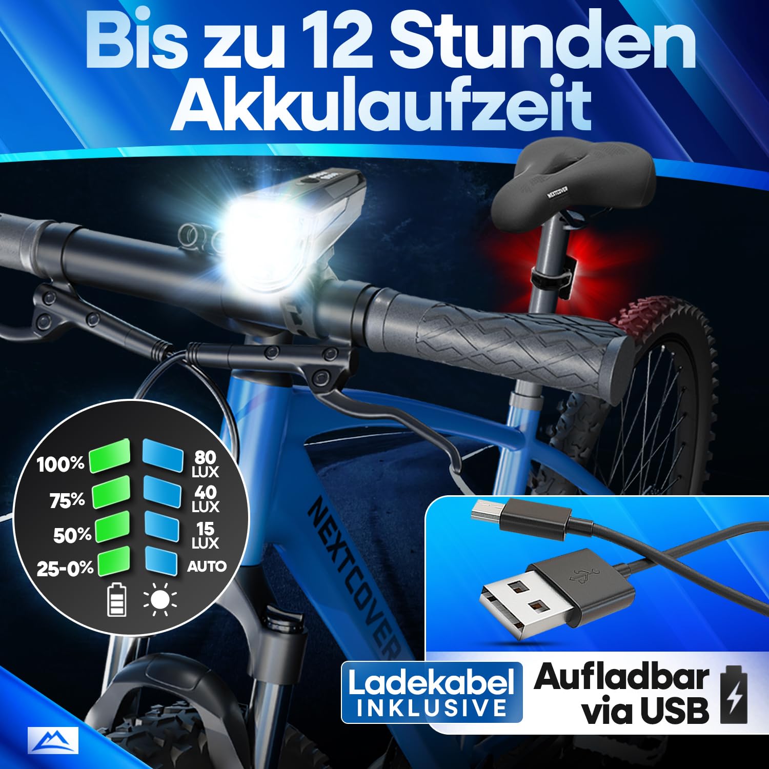 NEXTCOVER® Juego de luz para bicicleta con sensor LightSense y batería de 11 horas, recargable por USB e impermeable, homologada por StVZO, luz LED delantera para bicicleta, luz trasera y luz trasera