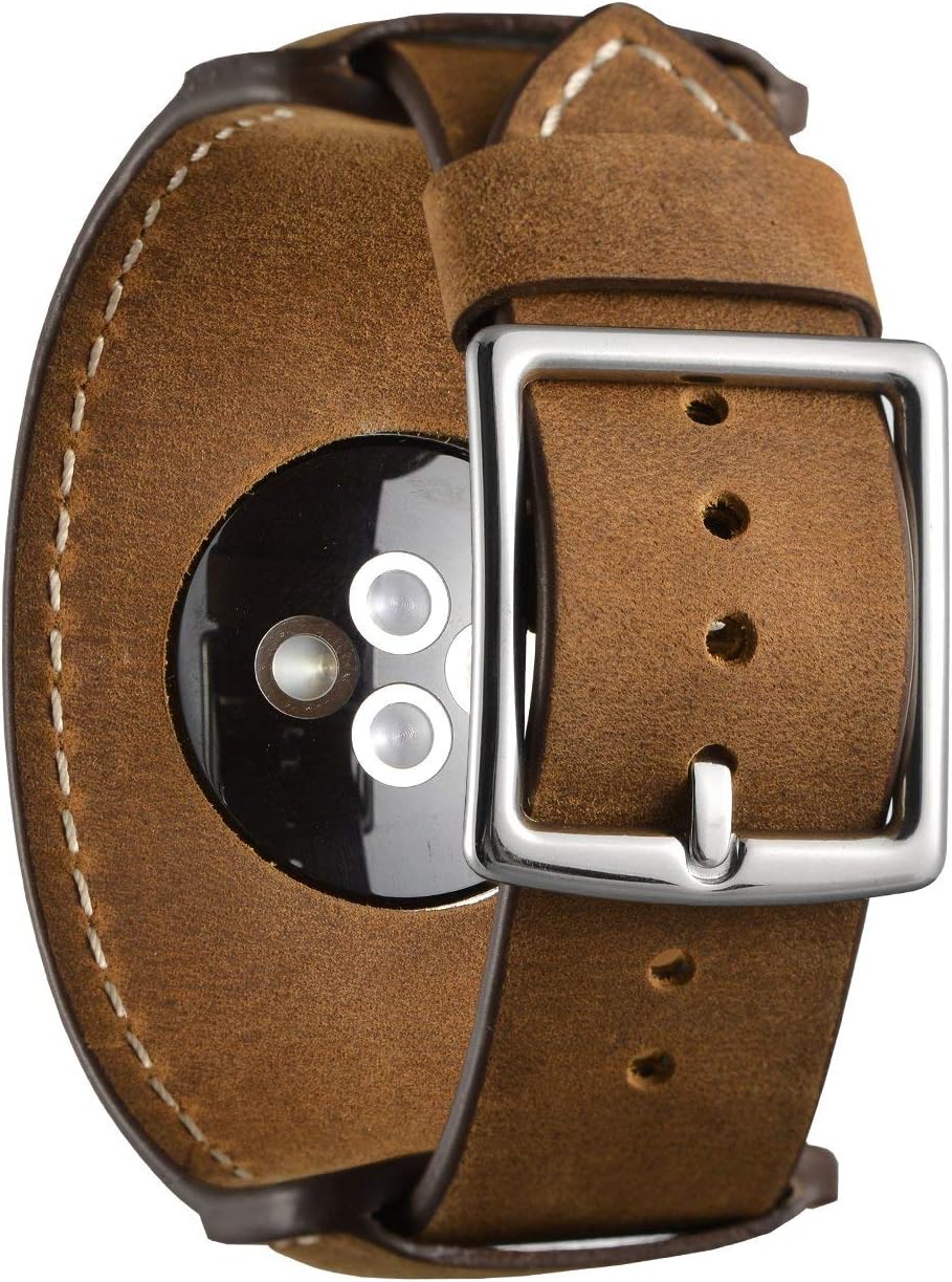Leotop Unisex-Adults Genuine Leather Cuff Replacement Bracelets with Stainless Steel Clasp for iWatch Series 44/42mm brown - Image 4