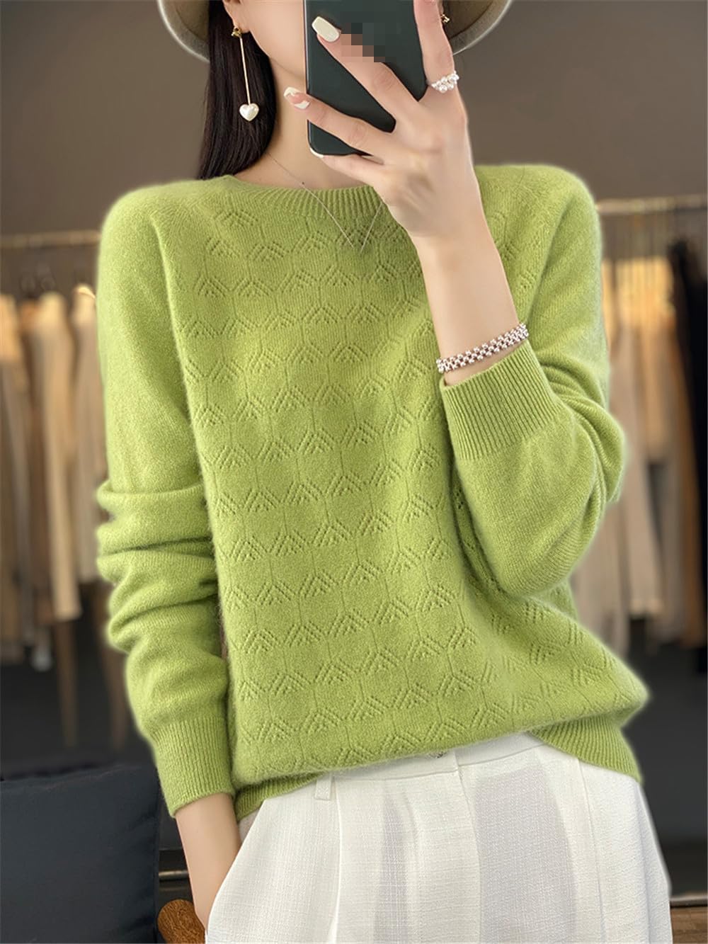 Women Spring Wool Sweater O-Neck Long Sleeve Hollow Out Knitted Pullover