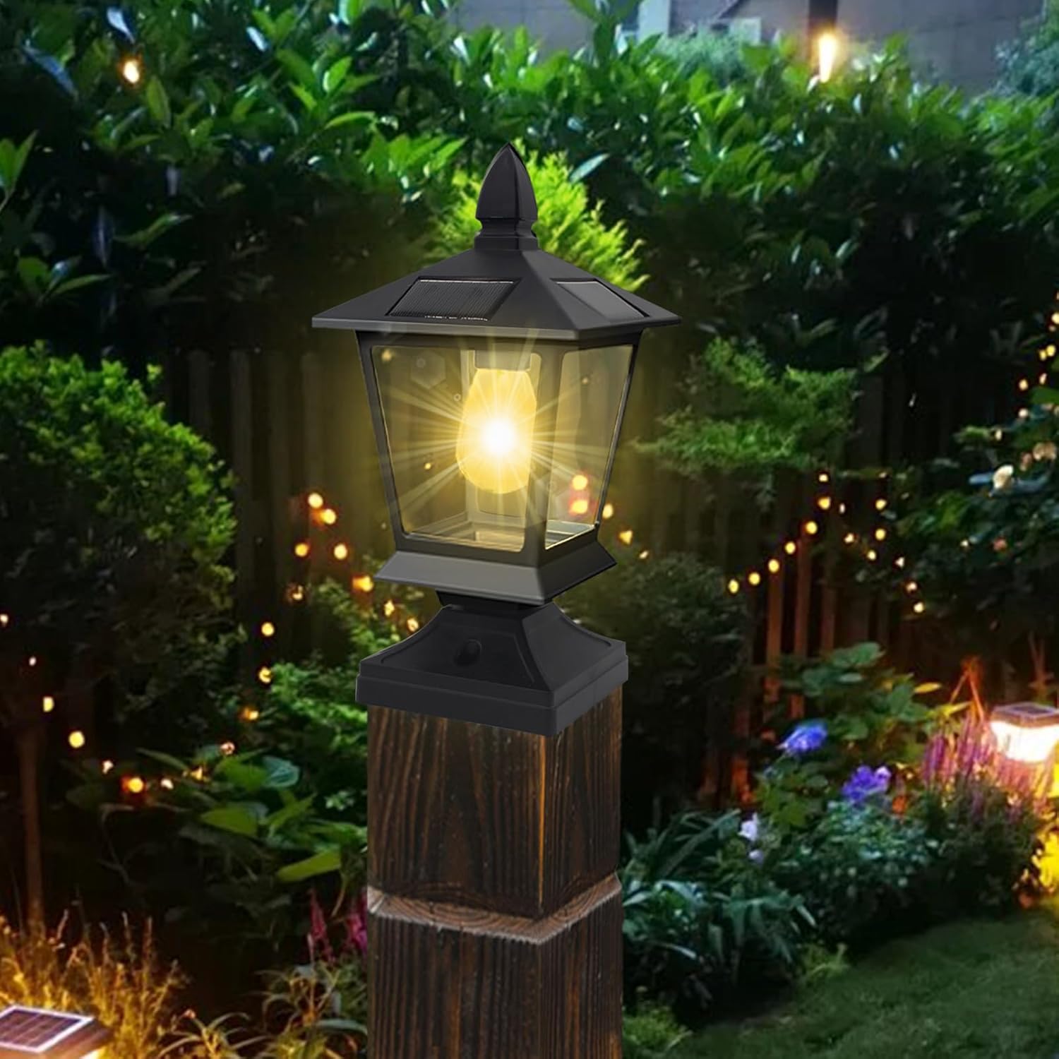 Solar Post Lights 2 Pack Waterproof Post Lantern for Deck Fence Patio Garden Lawn Decor,Dusk to Dawn Fence Post Cap Light 4x4 5x5 or 6x6 Wooden Posts (Matte Black)