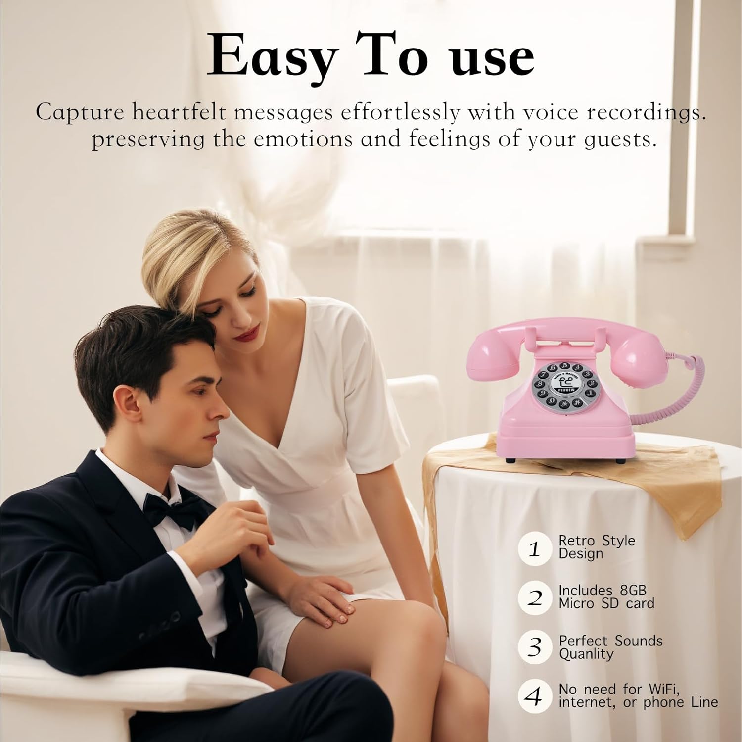 Audio Guest Book Wedding Phone,Audio Guestbook Phone Vintage Style Audio Message Voicemail for Graduation Retirement Party Birthdays Baby Shower Special Occasions (Pink) - Image 3