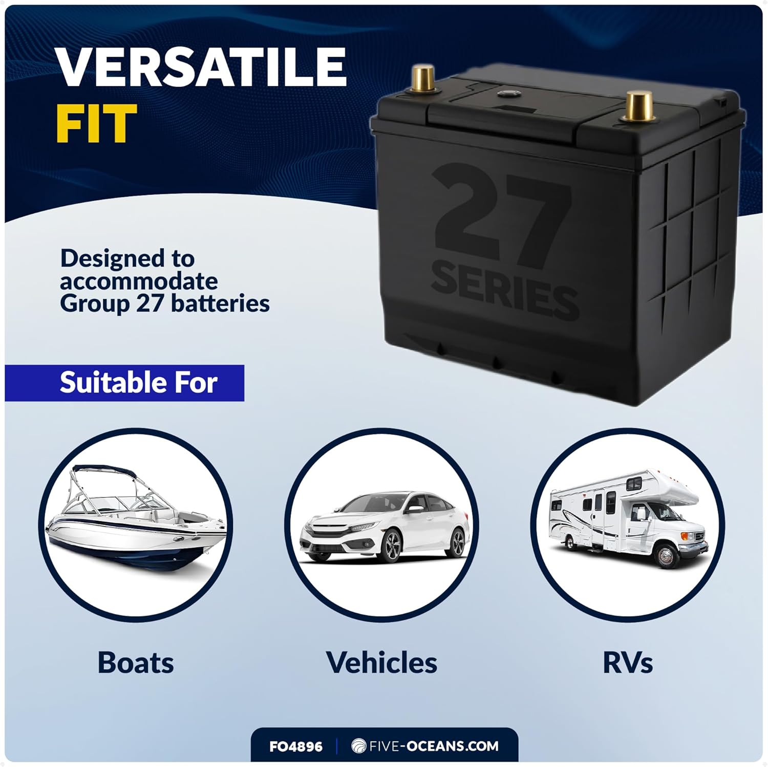 Five Oceans Marine Battery Tray for Group 27, Black, 13" x 7" - Boat Battery Holder with Hold-Down Strap for Boat, Fishing Boat, Yatch, Trailer, RV - FO-4896