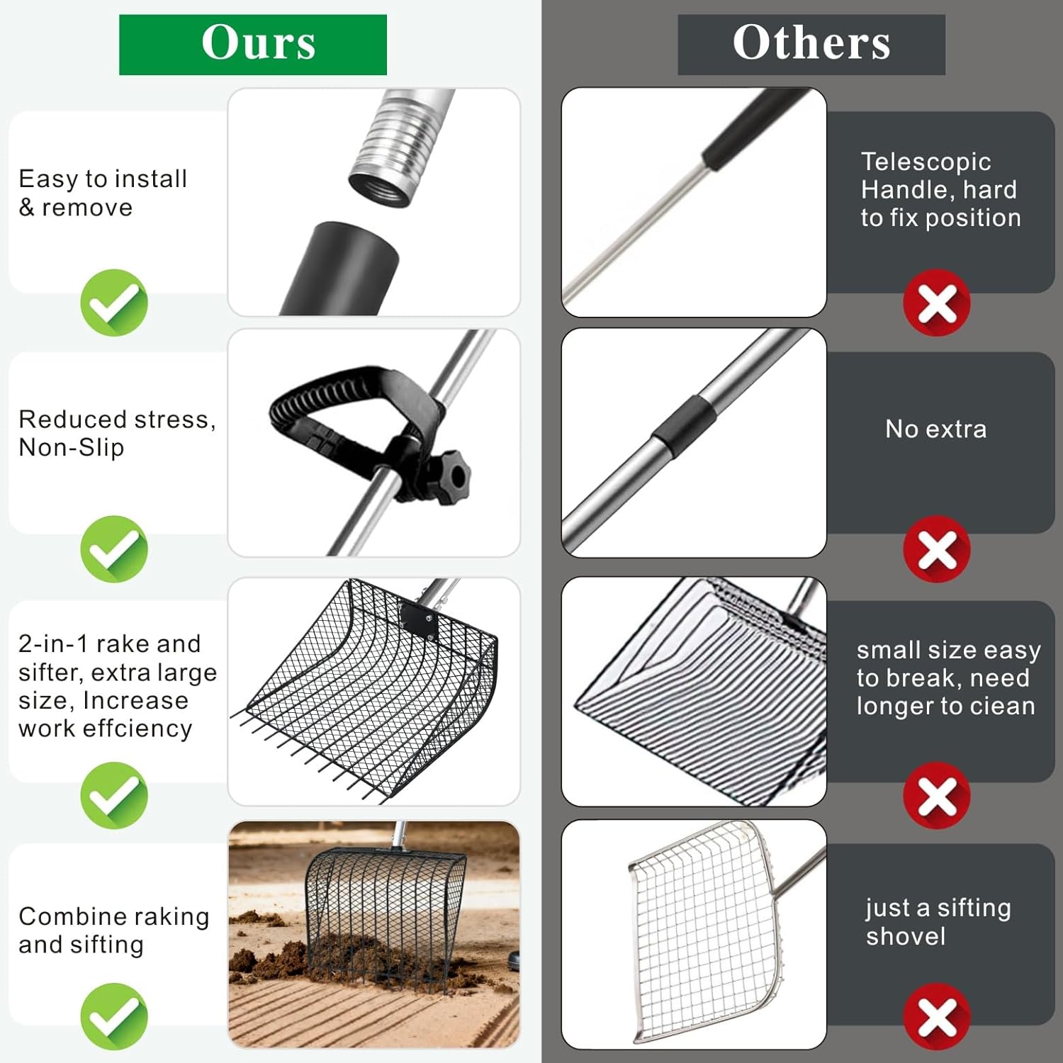 11.61" Chicken Poop Scooper & Rake 2-in-1+ 9.84" Pooper Scoopers, 25" to 67" Large Metal Litter Scoop with Adjustable Stainless Steel Handle for Farm Sifting Coops Cleaning Chicken Litter Pet Waste