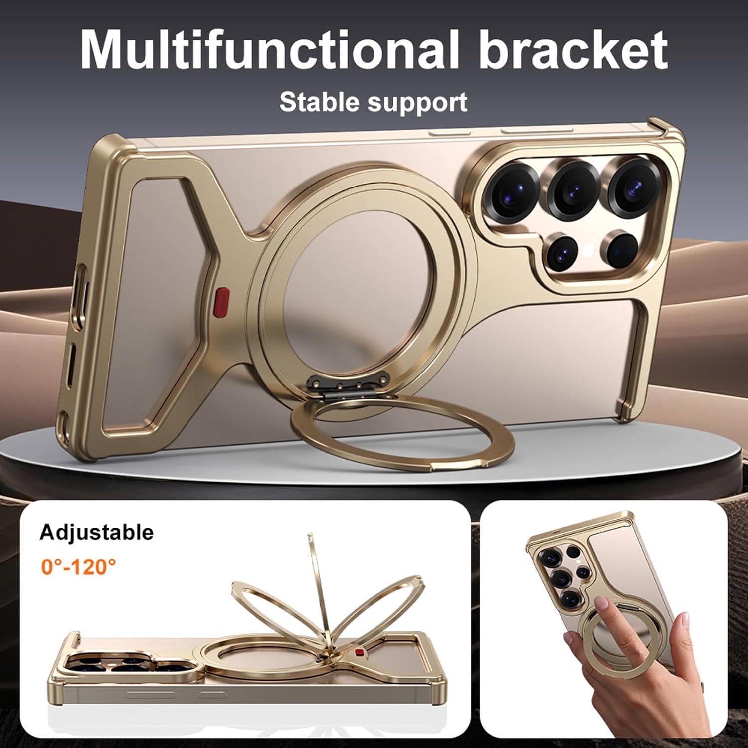 Case for Samsung Galaxy S25 Ultra, Aluminum Metal Drop Protection Cover with Magnetic Ring 360° Rotating Kickstand - Slim Frameless Design, Compatible with MagSafe & Adjustable Phone Stand (Gold)