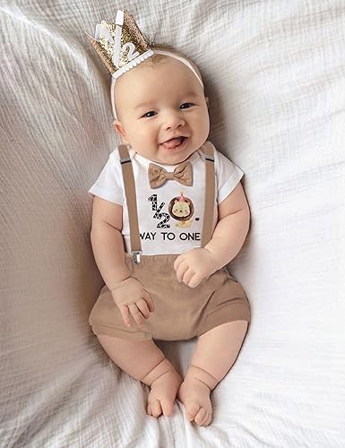 Miniatura 2 de DONWEN Traje de medio cumpleaños para bebé niño con corbatín + pantalones cortos con tirantes + sombrero de fiesta 12 cumpleaños
