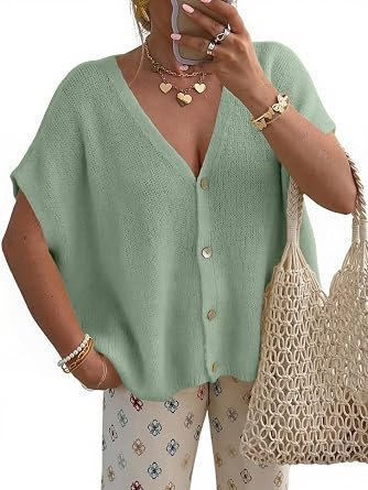 Womens Summer Short Sleeve Sweater Cardigan Lightweight Casual V-Neck Summer Tops Loose Fit Summer Clothes 2026