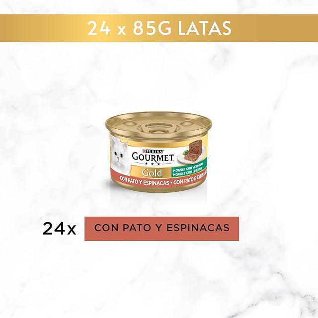 Foto 2 de 6 de GOURMET Gold Mousse, Comida Húmeda para Gato Adulto, Mousse de Pato con Espinacas, Pack de 24 Latas de 85 g