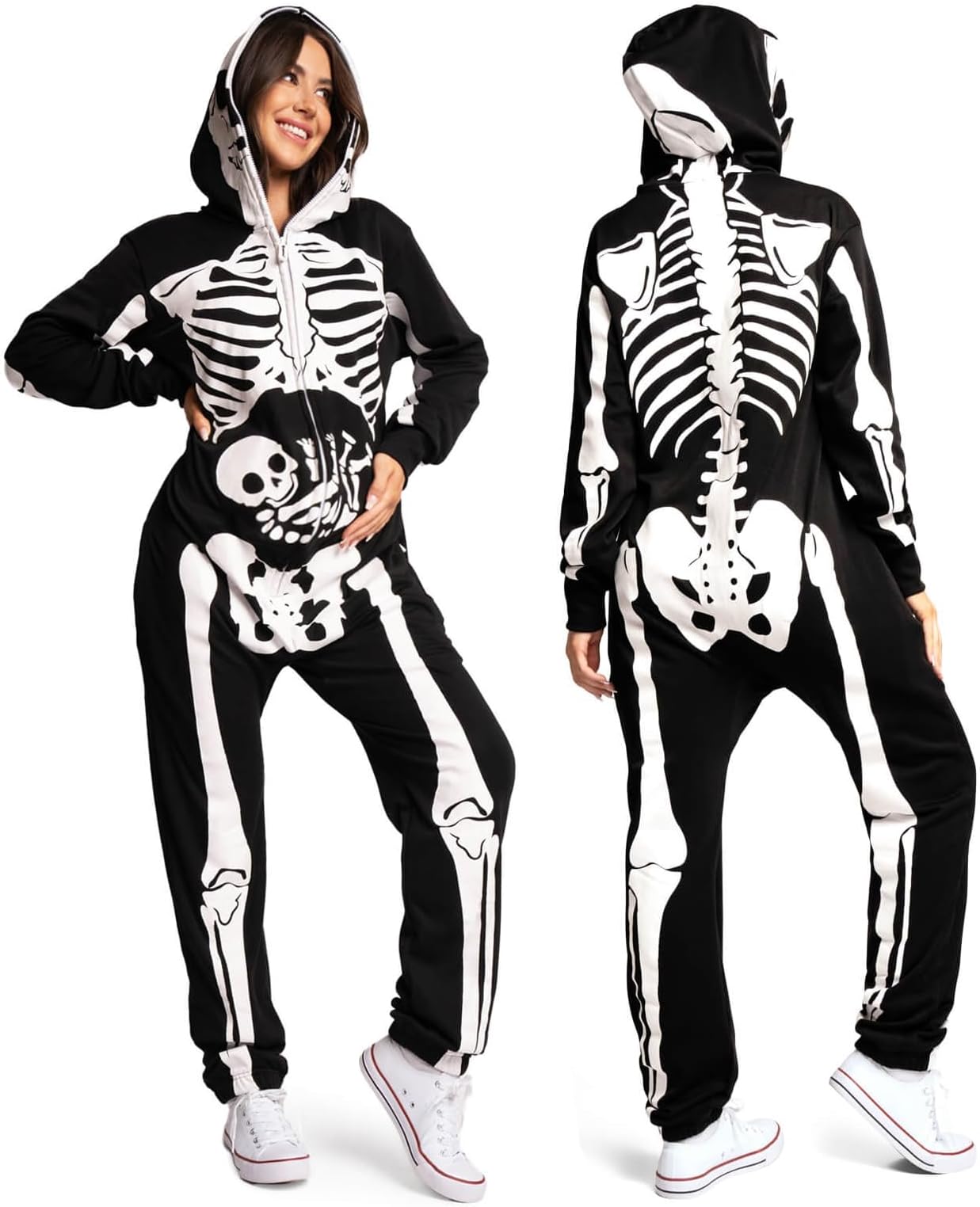 Halloween Skeleton Costume for Women - Comfy Easy Adult Onesie Jumpsuit - Front and Back Print with Zip Up Mask