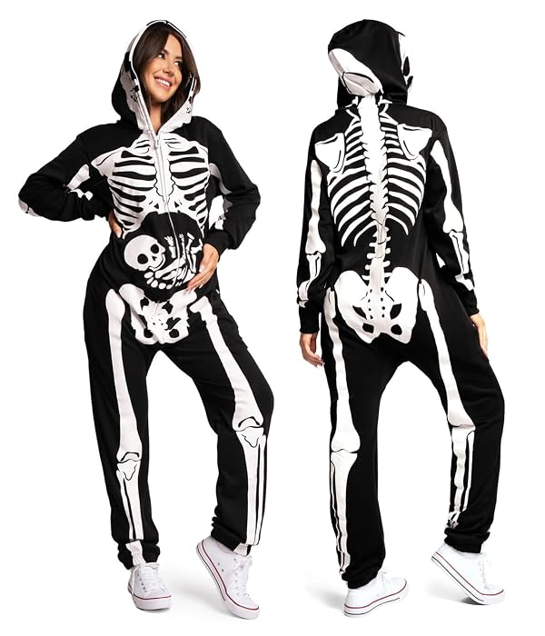 Tipsy Elves Halloween Skeleton Costume for Women - Comfy Easy Adult Onesie Jumpsuit - Front and Back Print with Zip Up Mask - Women's Pregnant Skeleton Jumpsuit Maternity Costume Size X-Small by Tipsy Elves - Used condition - US$15.20