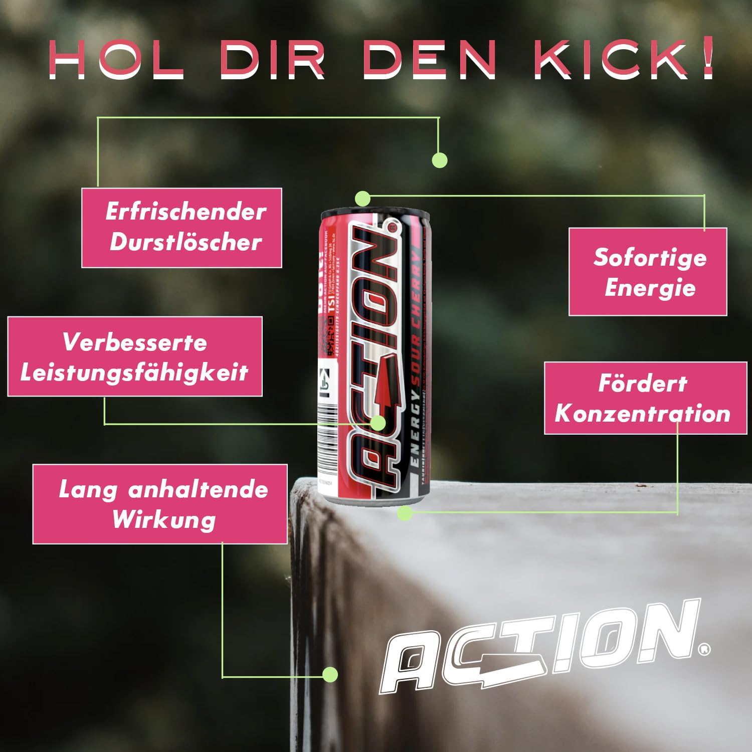 ACT!ON Action Energy Drink Sour Cherry (48 x 250 ml) incluye depósito – Refresco con sabor a cereza agria – patata energética con mayor contenido de cafeína 32 mg/100 ml cafeína rendimiento mejorado