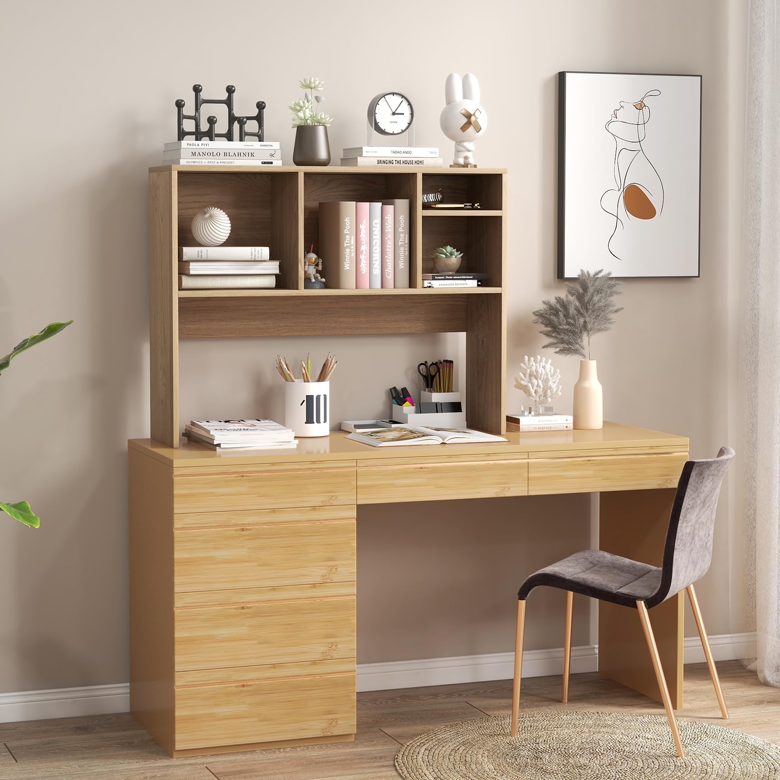GOPLUS Etagere Bureau a Poser en Bois avec Plusieurs Tablettes, 94 x 25 x 73 CM Organiseur de Bureau avec 4 Compartiments Ouvert, Dispositif Anti-Basculement (Naturel, 94 x 25 x 73 CM|4 Bacs)