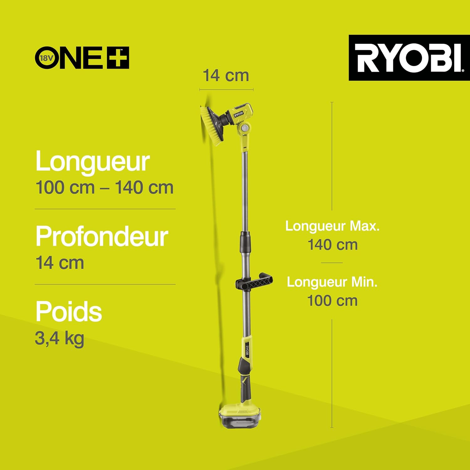 RYOBI - Brosse Rotative télescopique - 15cm - sans Fil 18V One+ R18TPS-120G – Nettoyage Multi-Surfaces en Hauteur (1,4m), Compacte et Efficace – Batterie 2.0Ah et Chargeur Inclus, Autonomie 90min — vue 3