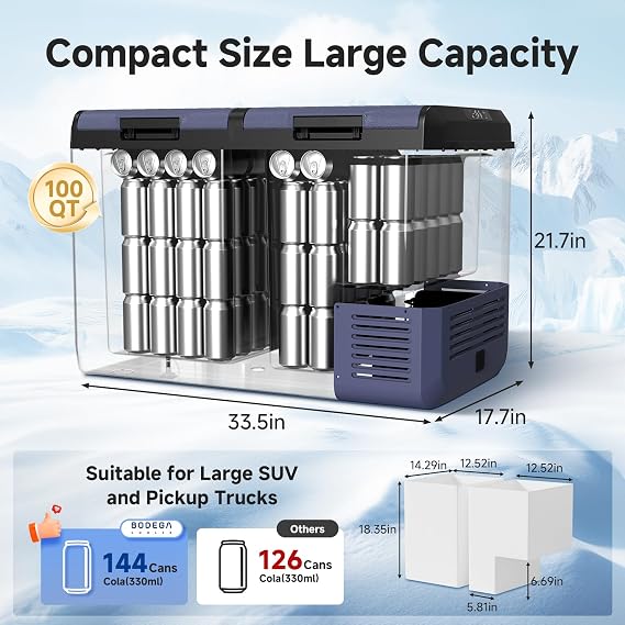 BODEGACOOLER 12 Volt Refrigerator, 100QT(95L) IPX4 Waterproof Electric Cooler, Car Fridge Dual Zone APP Control with 12/24V DC 110-240V AC,4F~68F, Portable Freezer for Camping,Travel,RV,Road Trips