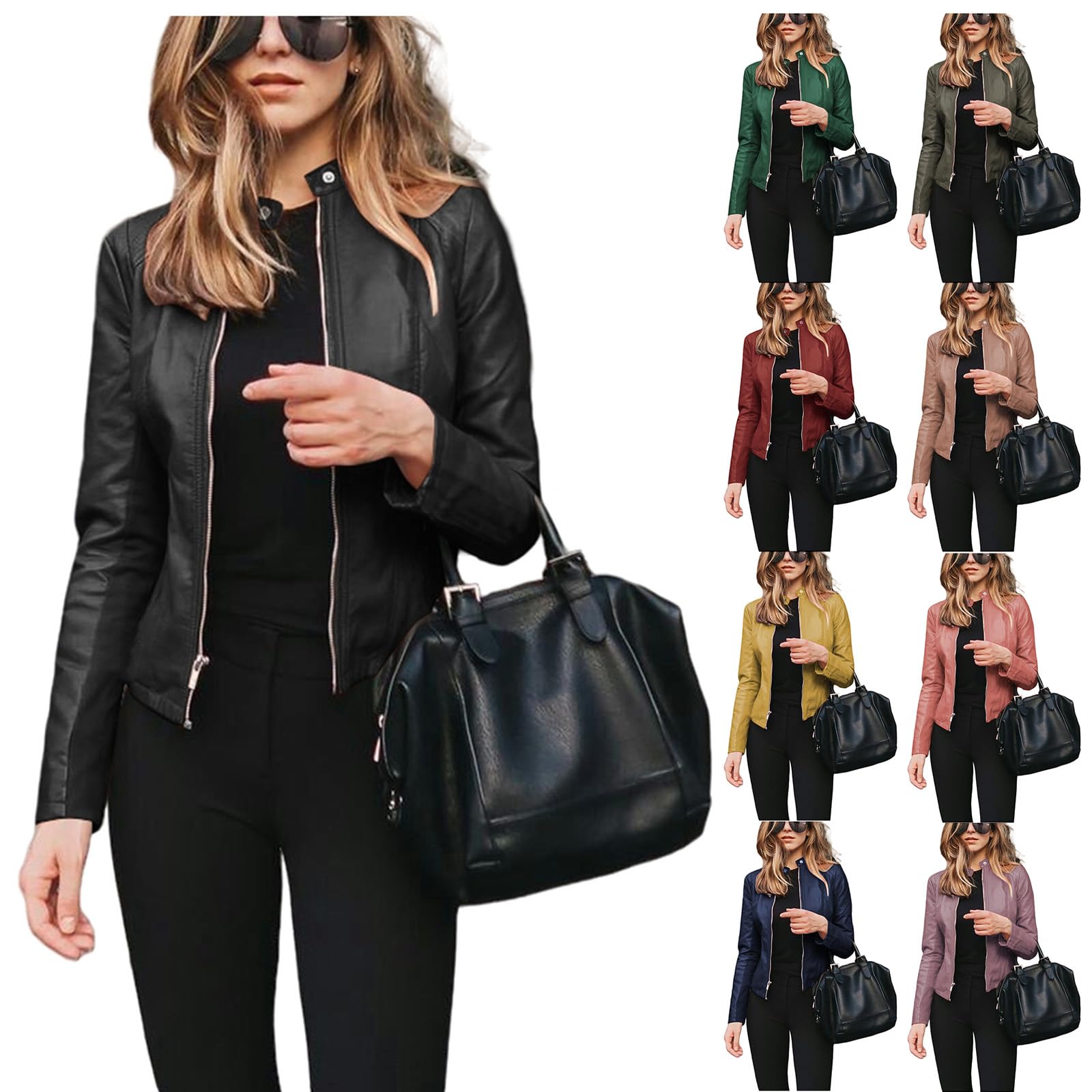 Faux Leather Cropped Bomber Jacket Women Slim Fit Long Sleeve Jacket Motorcycle Biker Trendy Coats Lightweight Blazer