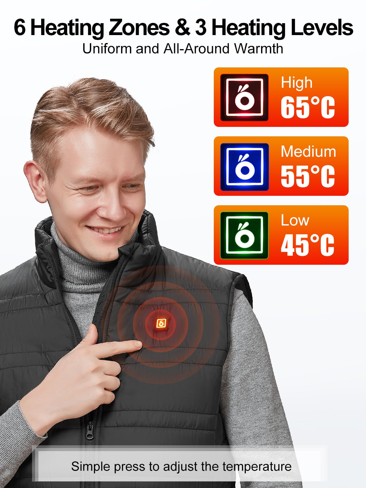 UNBON Gilet Riscaldato Uomo con Batteria USB 10000mAh, Giubbotto Riscaldato Uomo con 3 Temperature 6 Zone di Riscaldamento, Giacca Riscaldata Uomo Gilet Riscaldante Elettrico per Moto Caccia