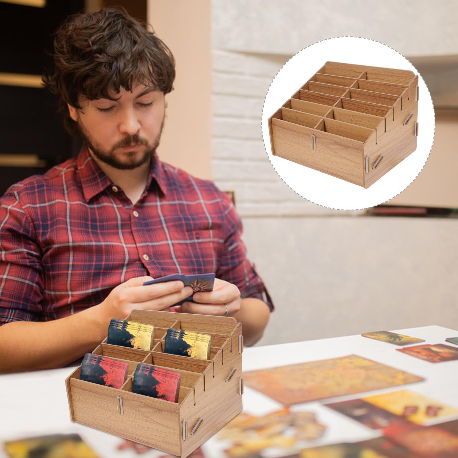 Healeved Organizer per Carte da Gioco in Legno di Noce 12 Scomparti Scatola Portaoggetti Compatta e Leggera per la Casa Custodia Bordi Arrotondati per Protezione e Stoccaggio Ordinato