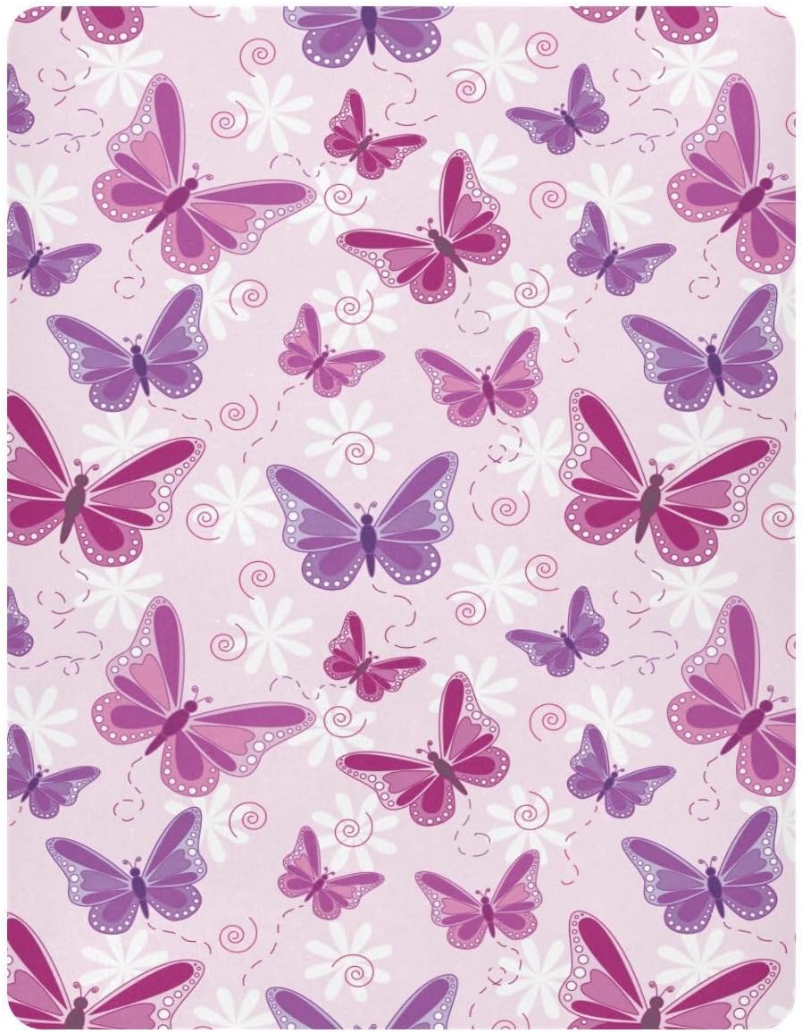 Butterfly Themed Baby Crib Sheets Pink and Purple Flying Butterflies on Floral Playard Sheets Toddler Bed Sheets Cartoon Fitted Mini Crib Mattress Cover for Unisex Boys Girl 27x39 Inch