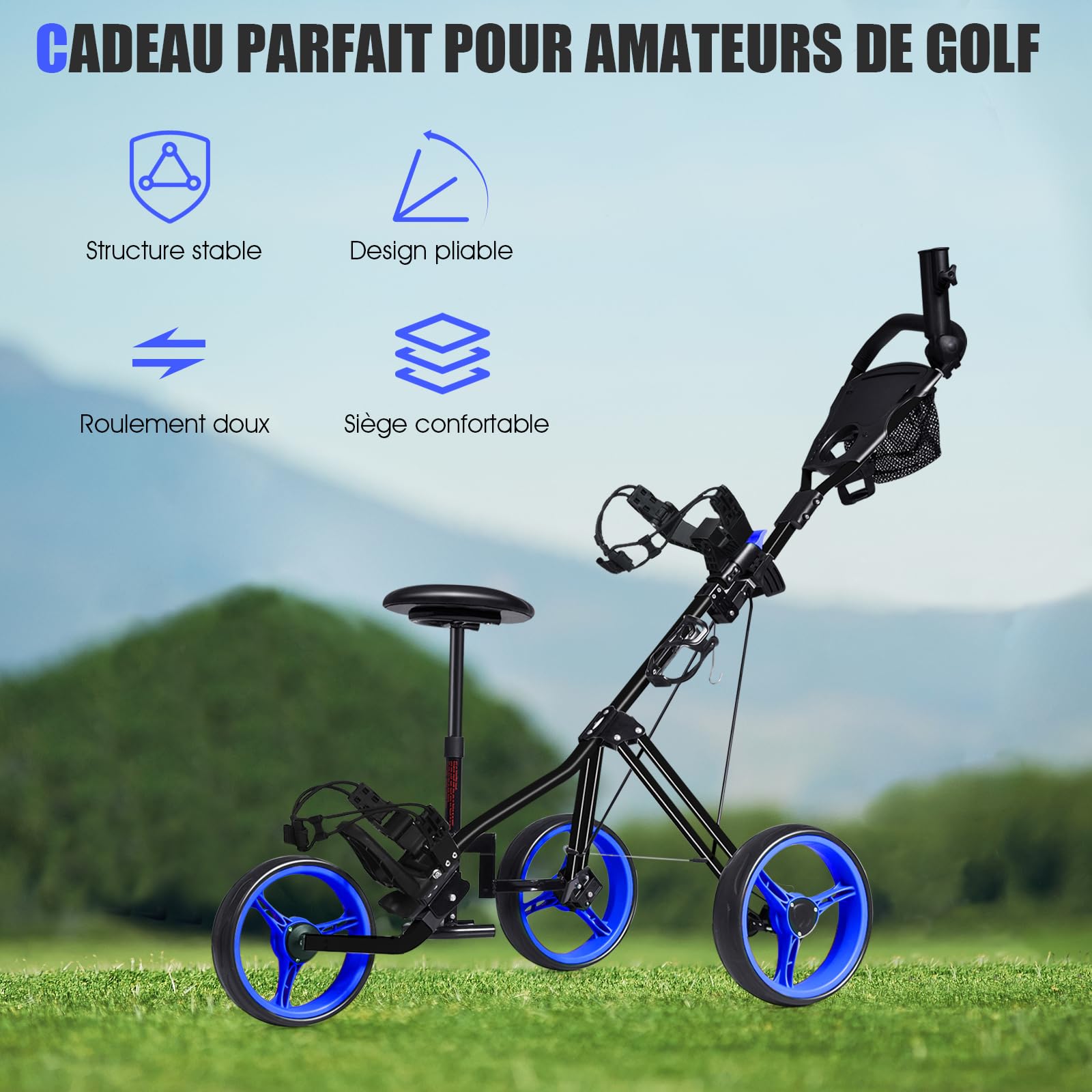 COSTWAY Chariot de Golf avec Siège Poignée Réglable, Voiturettes à Pousser Pliable à 3 Roues avec Tableau de Bord, Porte-Gobelet, Porte-Parasol, Frein au Pied, Roues Amovibles