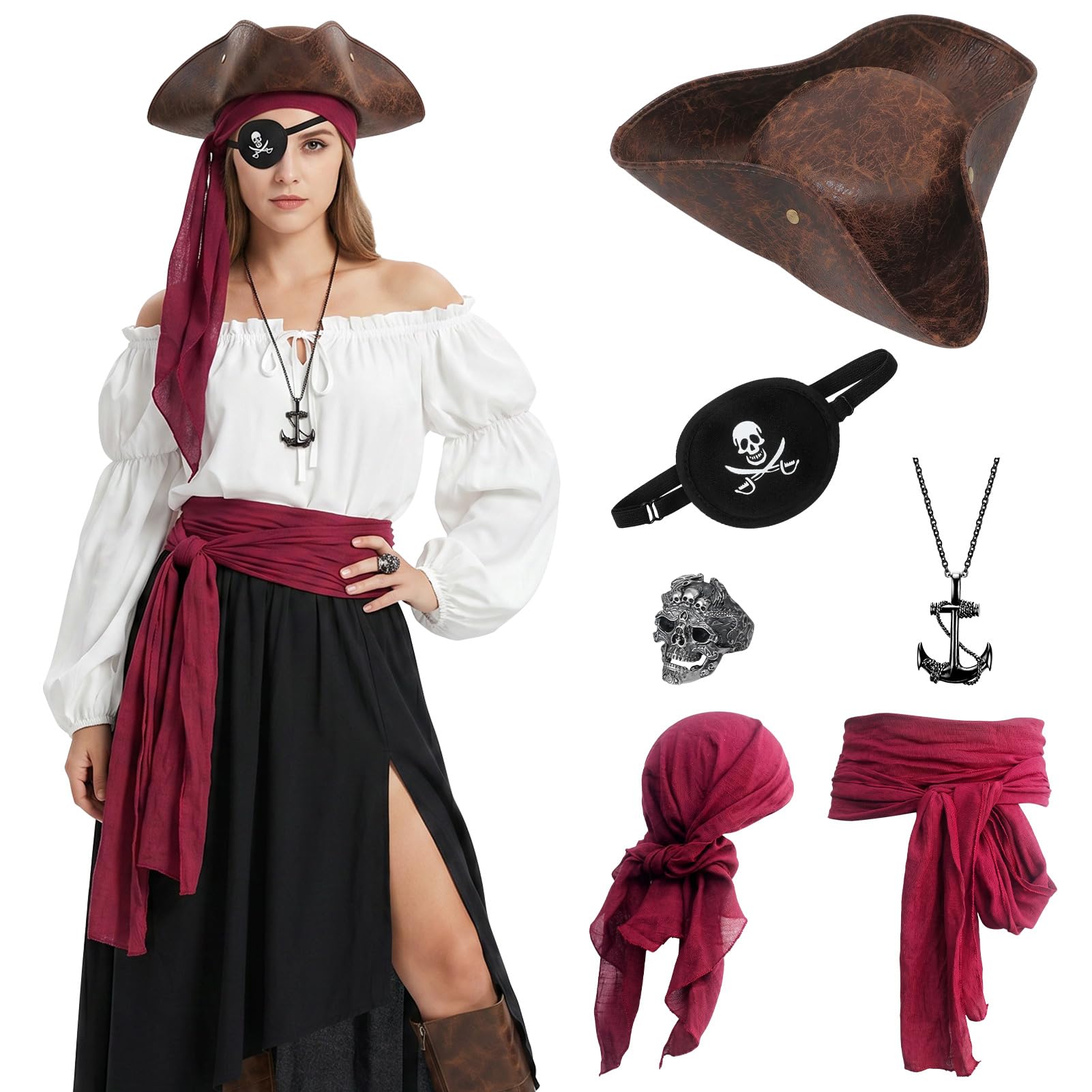 Formemory 6PCS Pirate Costume Accessories for Adults,Halloween Costume with Headscarf,Sash,Hat,Eye Patch,Necklace,Skull Ring for Halloween Cosplay Party