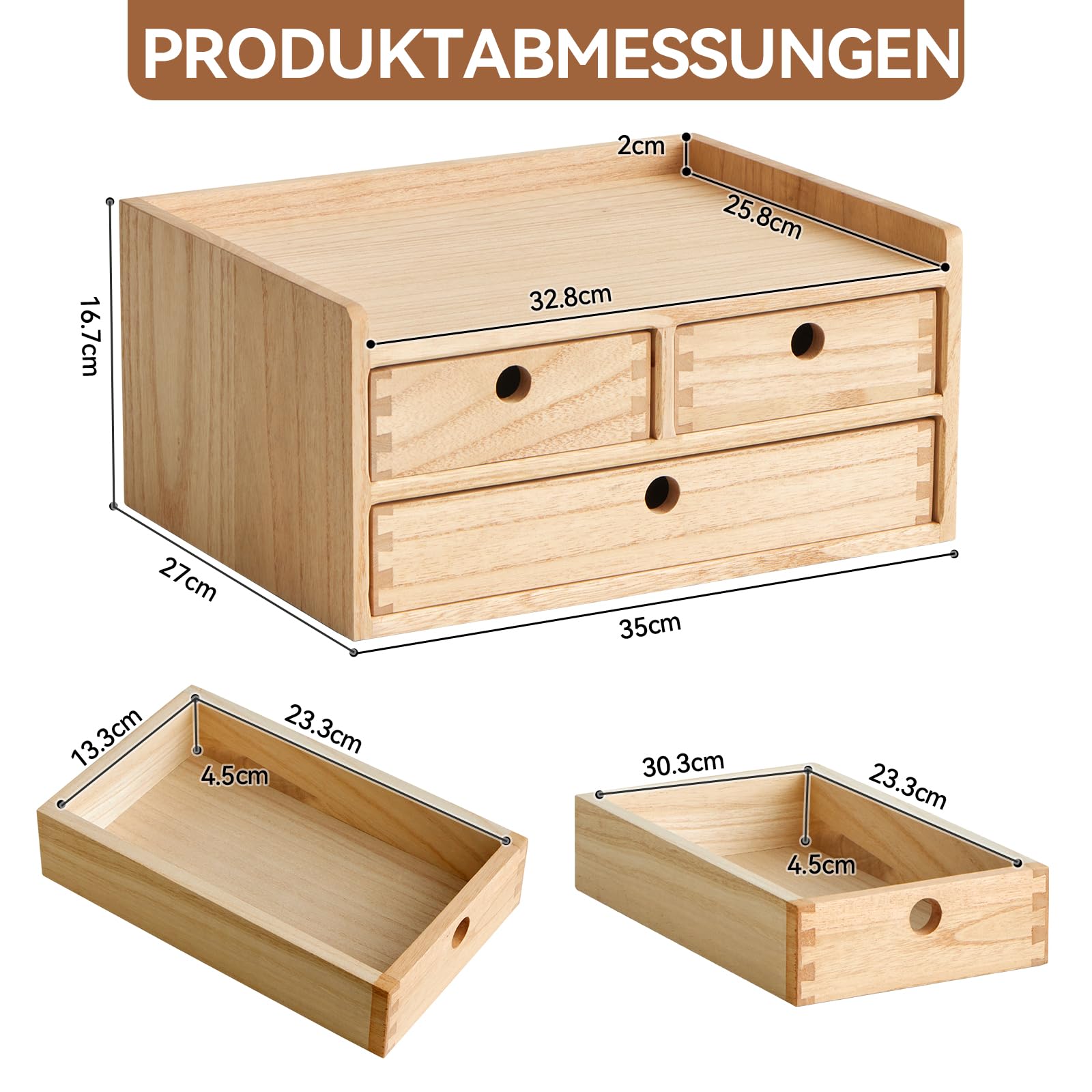 KIRIGEN Schubladenbox Holz, Schreibtisch-Organizer, A4-Fach, Natur | 35 x 27 x 16,7 cm, 3 Schubladen, Ablagefach, Massivholz, handgefertigt, fertig montiert, Zapfenverbindungen, Pflanzenöl