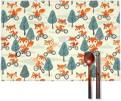 Foxes Riding Bicycles Placemats Set of 6 Resistant Table Mats Washable Place Mats for Dinner Party Table Decoration