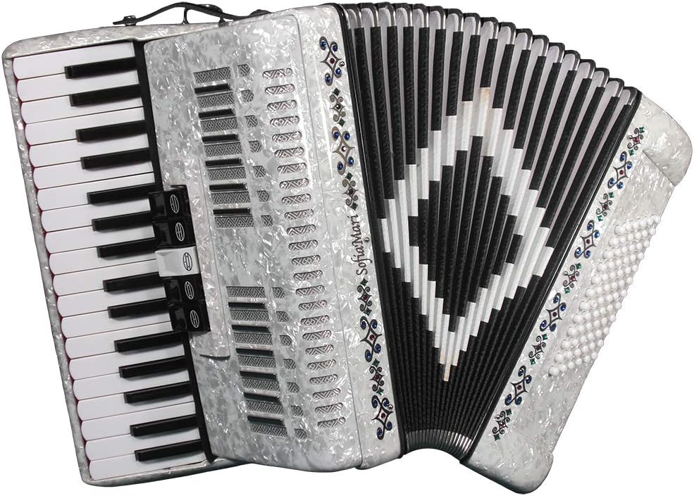 SofiaMari SM3472 Piano Accordion w/Free NAC-4872 Roll Away Case, a $160 Value. 34 Key, 72 Bass, Leather Harness Straps also included. (White Pearl)